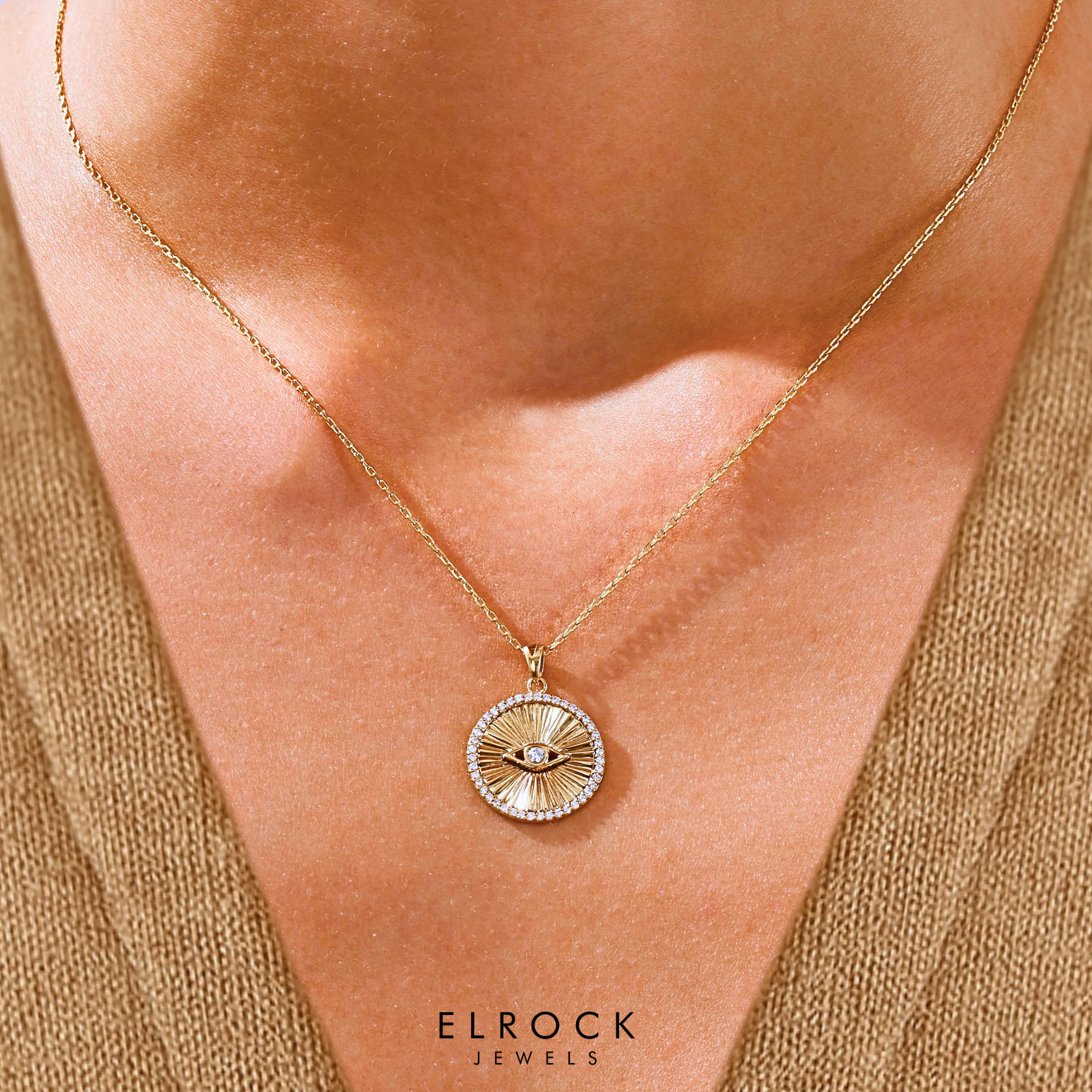 14K Solid Gold Diamond Evil Eye Pendant Necklace