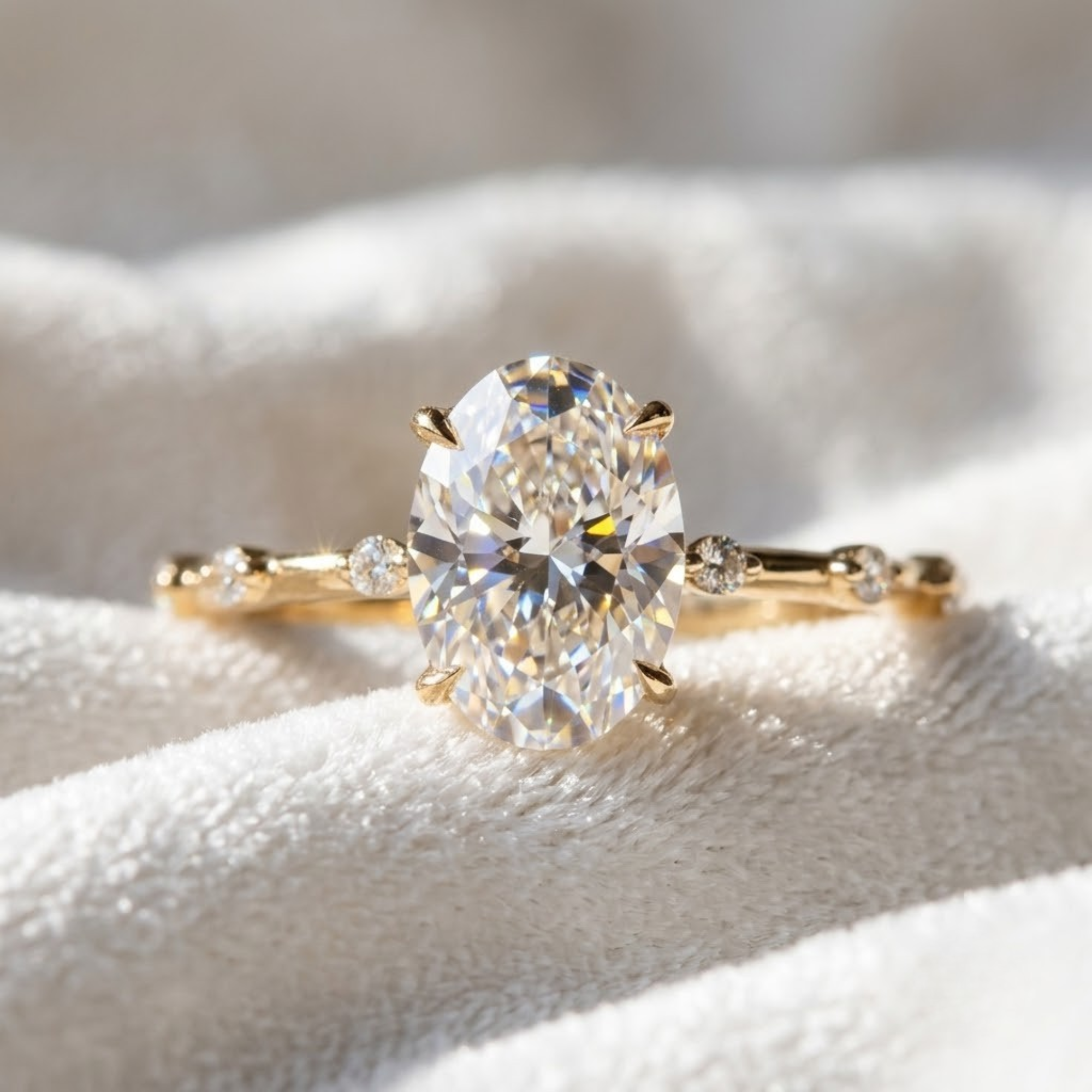 14K Gold 2 CT Oval Diamond Thin Elongated Oval Diamond Ring