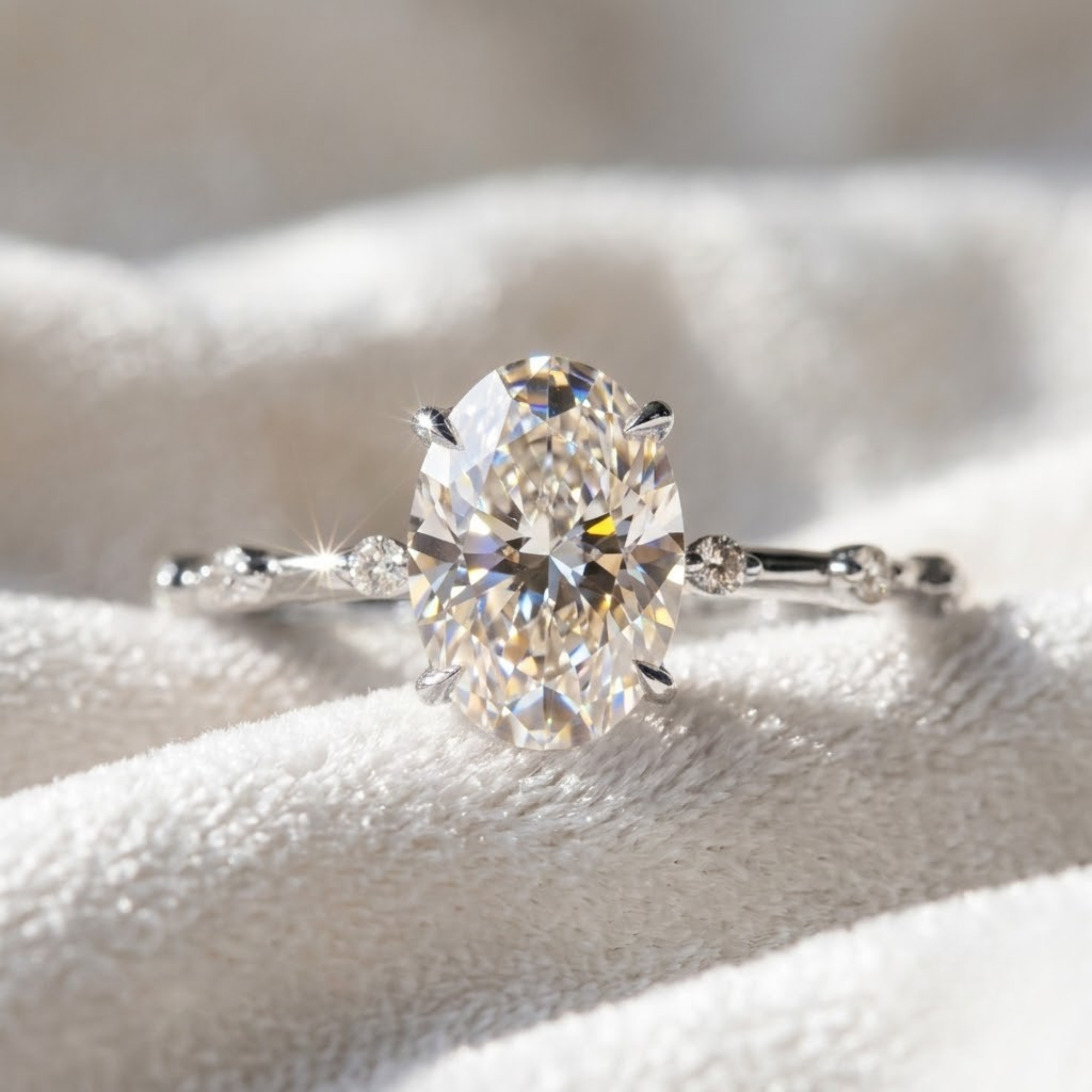 14K Gold 2 CT Oval Diamond Thin Elongated Oval Diamond Ring