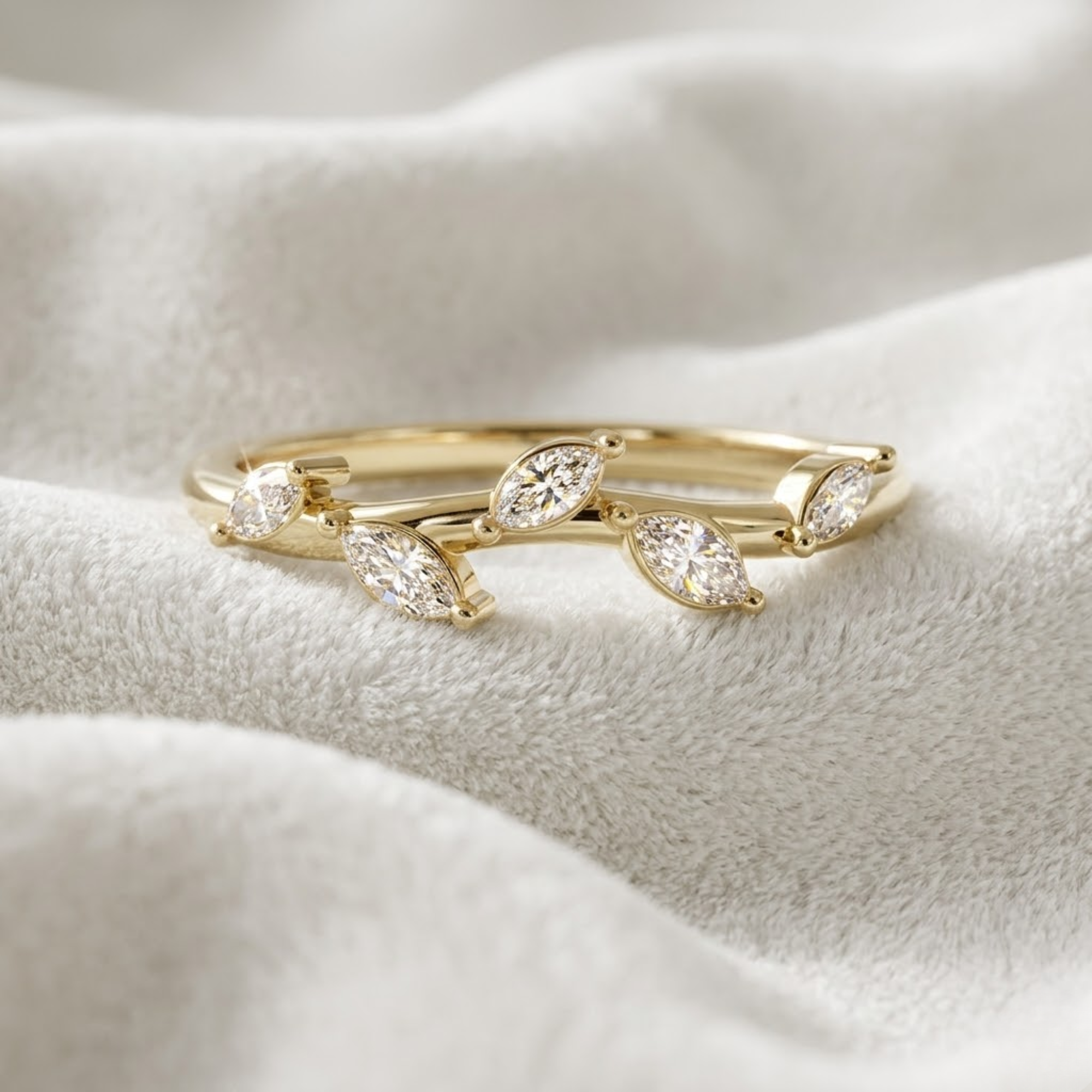 14K Gold Marquies Cut Lab Grown Diamond Leaf Wedding Ring