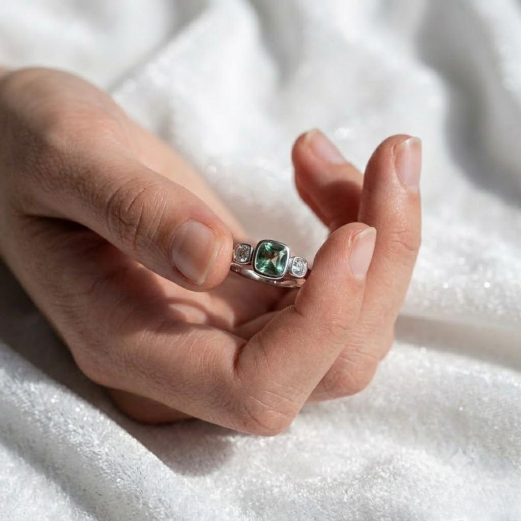 14K Solid Gold Green Sapphire Wedding Band