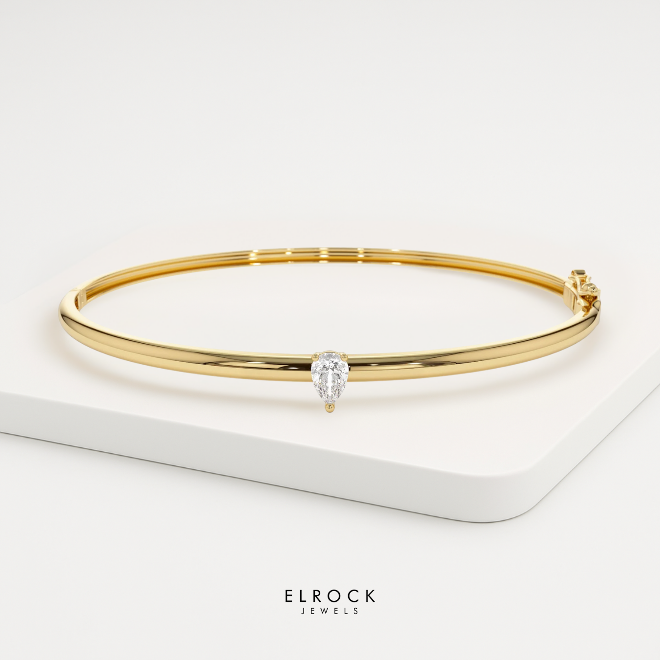 14K Gold Minimalist Bracelet, Pear Shape Solitaire Bangle