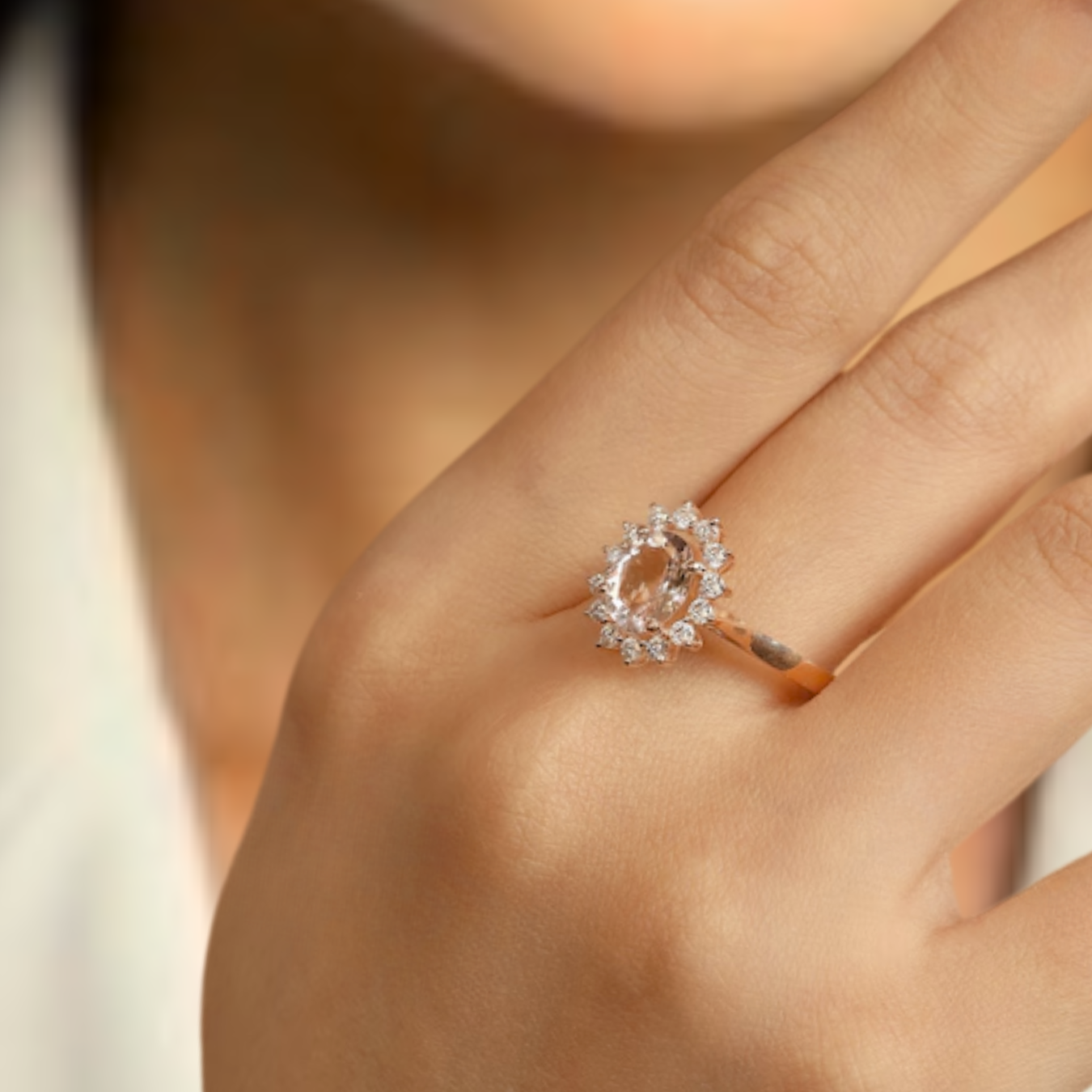 14K Solid Gold Crystal Morganite 2.00 CT Oval Cut Peach Morganite Ring