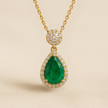 2.00ct Pear Cut Emerald and Round Lab Grown Diamond Halo Setting Necklace