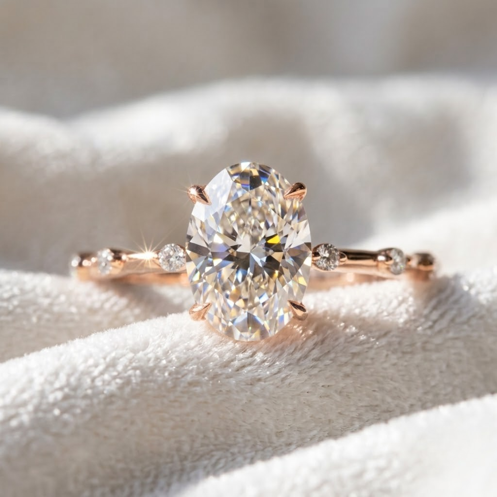 14K Gold 2 CT Oval Diamond Thin Elongated Oval Diamond Ring