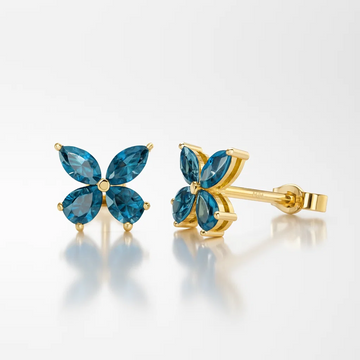 14K Gold London Blue Topaz Butterfly Earrings, 1.75 CT Marquise & Pear Shape Dainty Birthstone Earrings