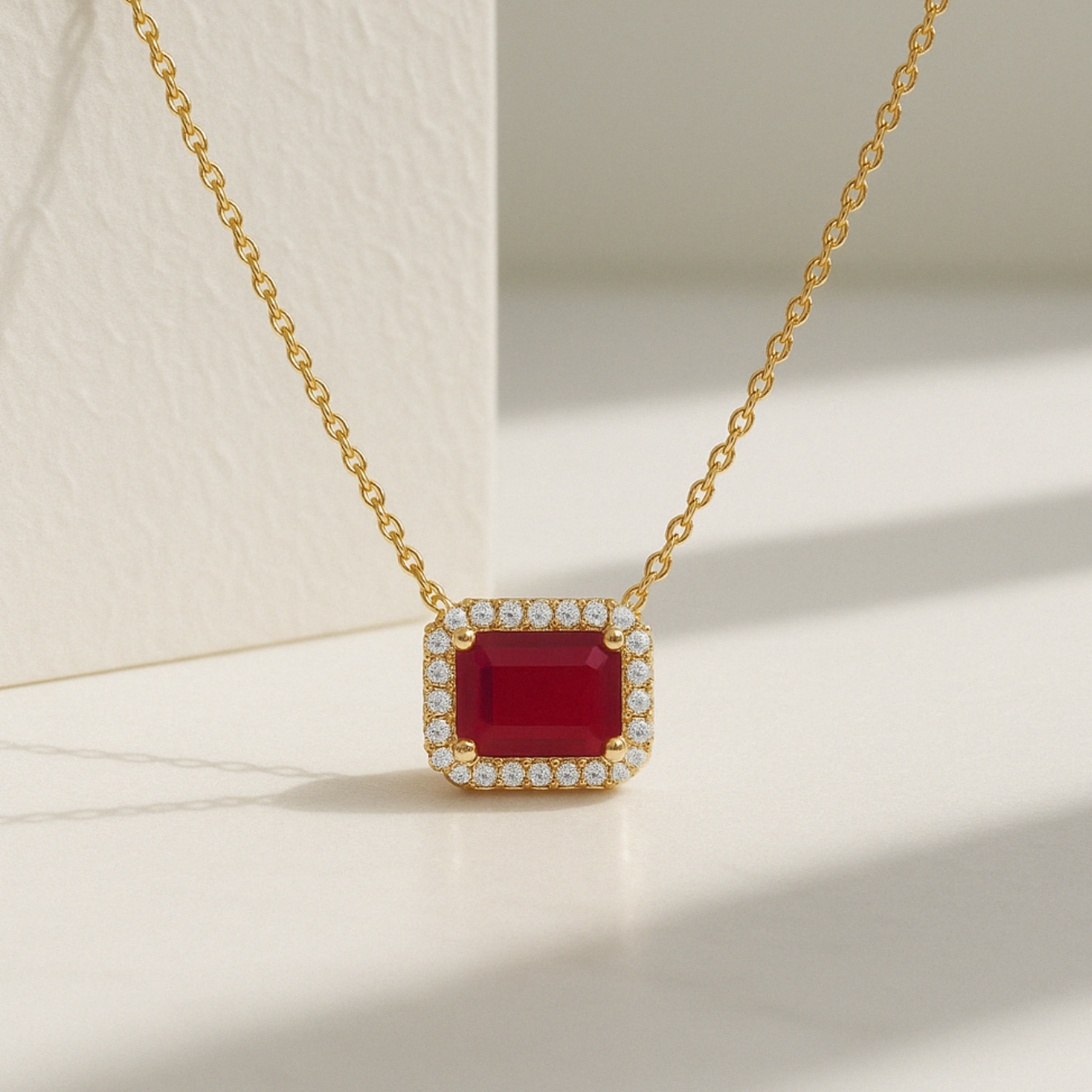 14K Gold Diamond and Emerald Cut Ruby Necklace