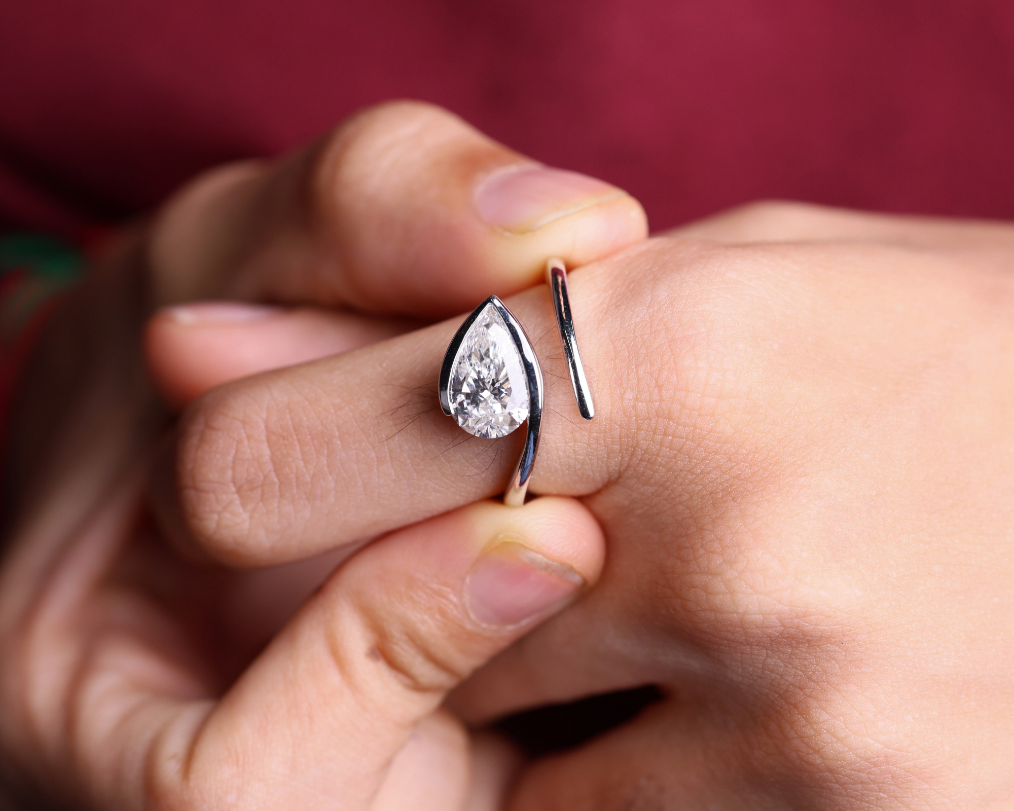 2 Carat East West Pear Cut Lab Grown Diamond Half Bezel set Engagement Ring