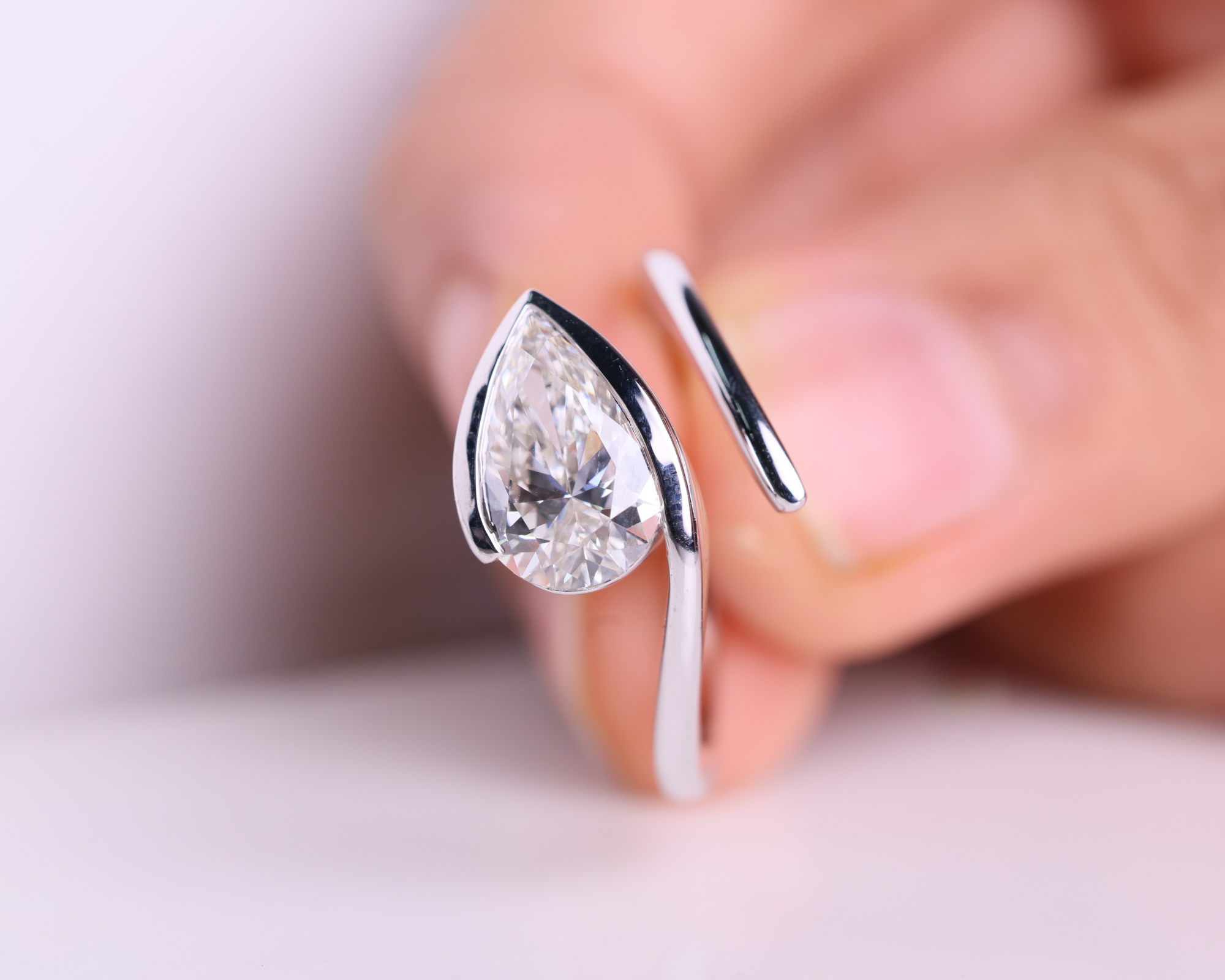 2 Carat East West Pear Cut Lab Grown Diamond Half Bezel set Engagement Ring