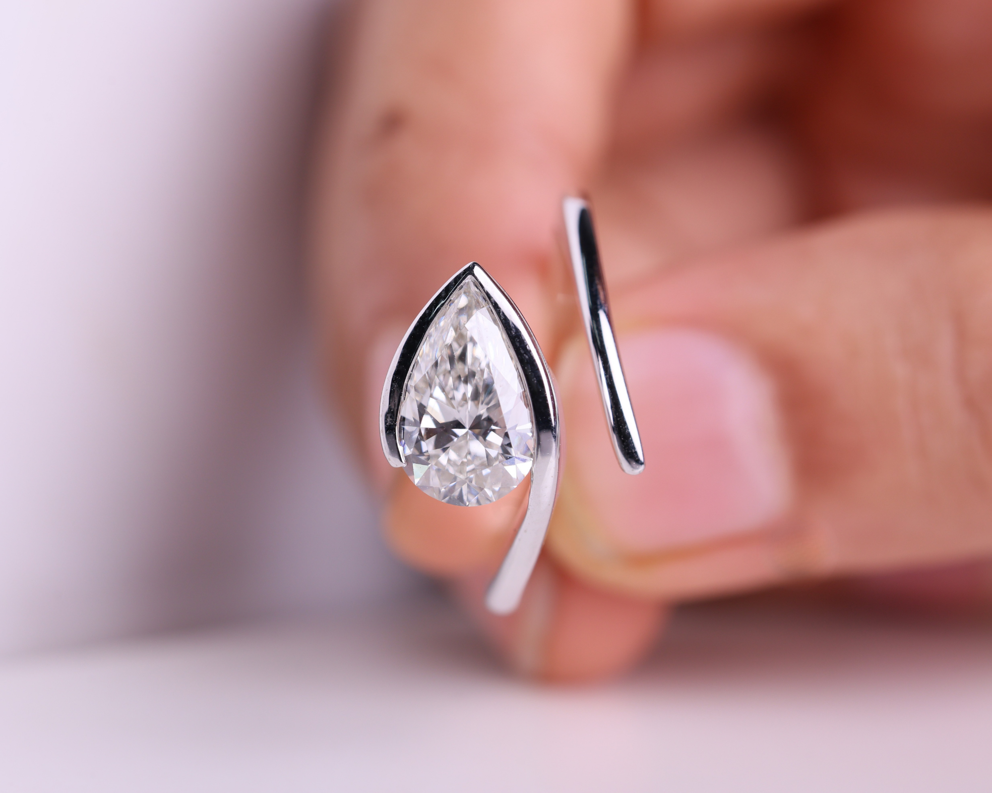 2 Carat East West Pear Cut Lab Grown Diamond Half Bezel set Engagement Ring