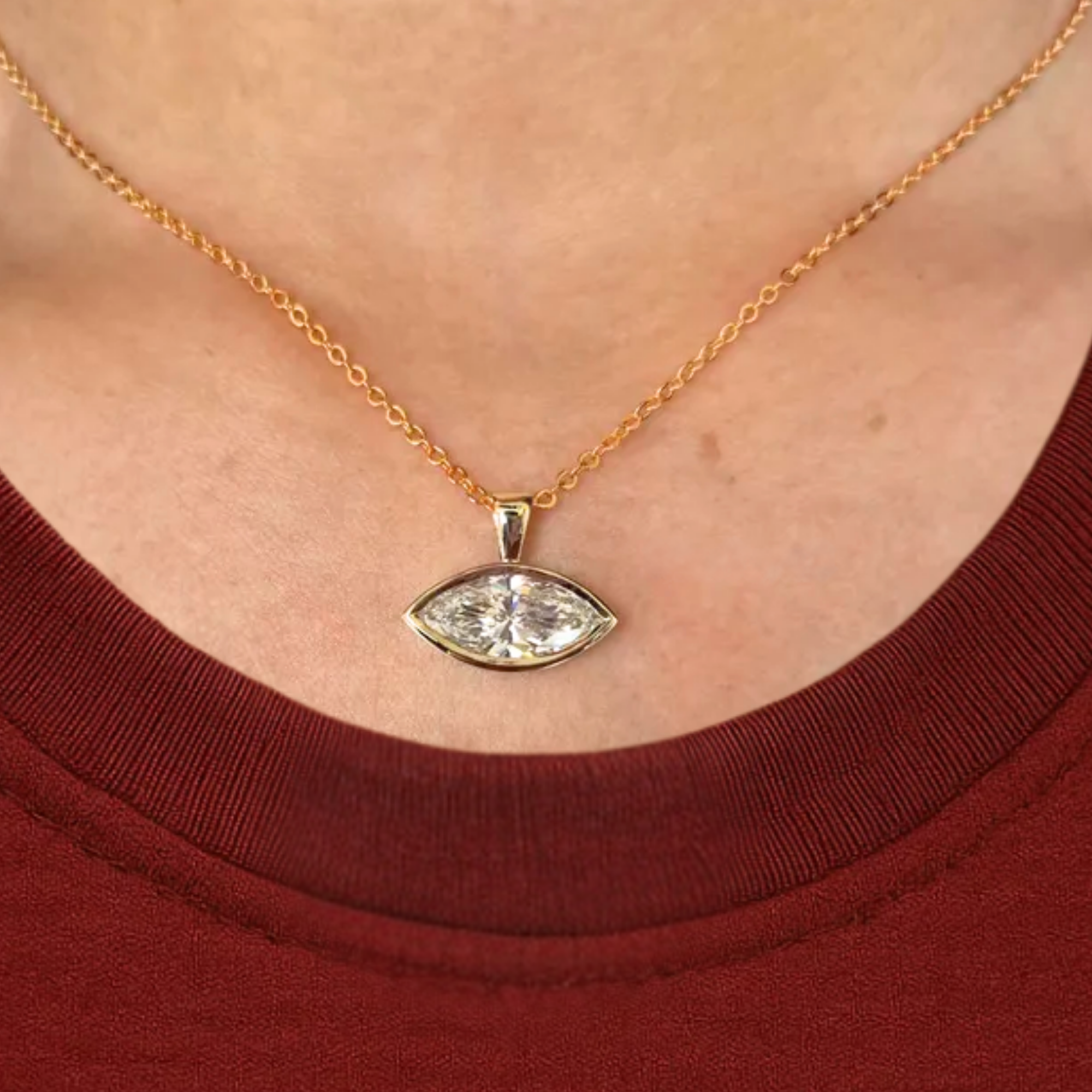 14K Gold East West Solitaire Marquise Cut Lab Grown Diamond Pendant