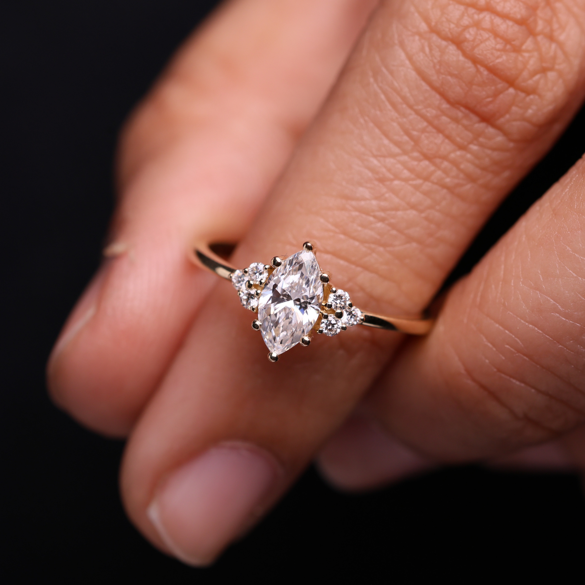 14K Marquise & Round Cut Lab Grown Diamond Solid Gold Engagement Ring