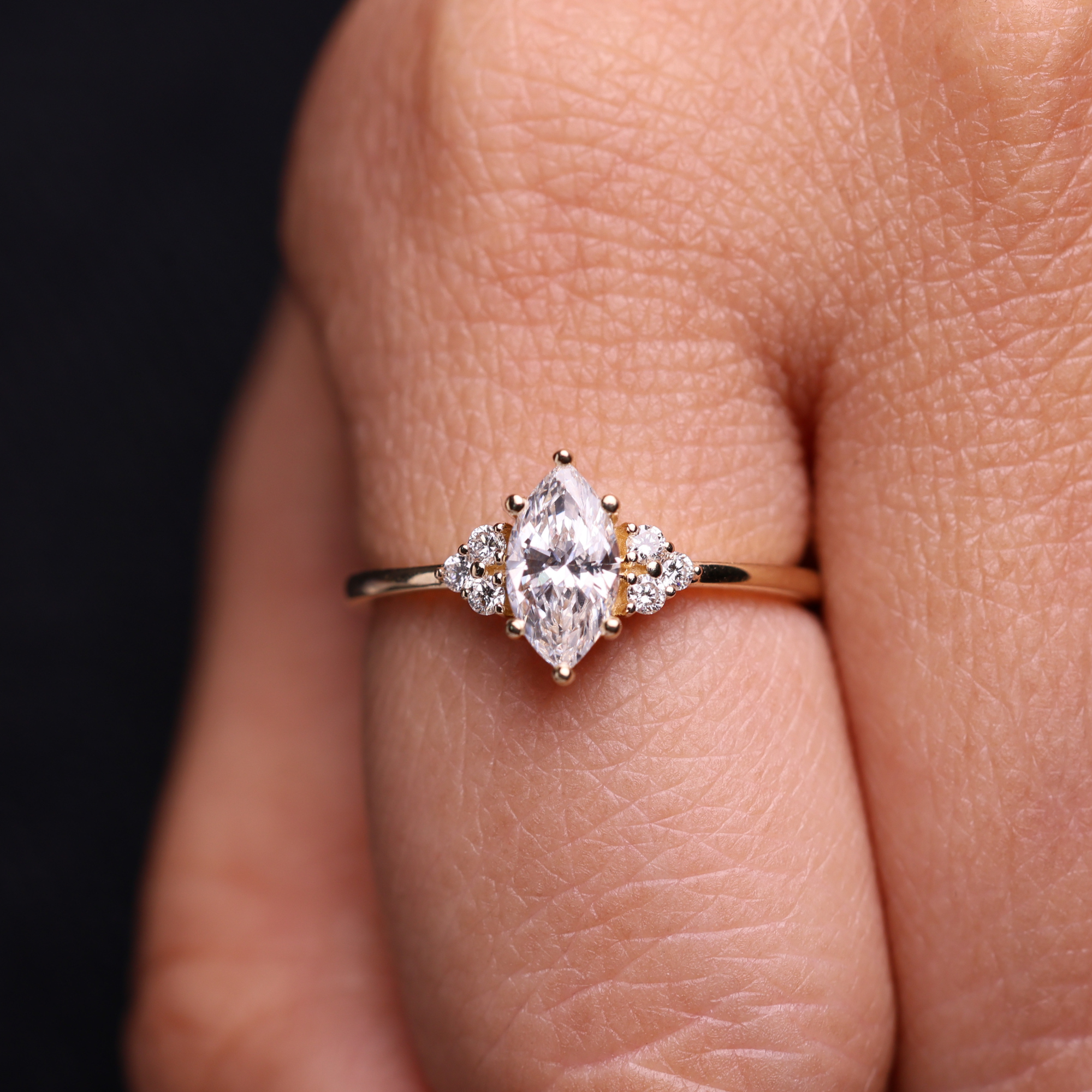 14K Marquise & Round Cut Lab Grown Diamond Solid Gold Engagement Ring
