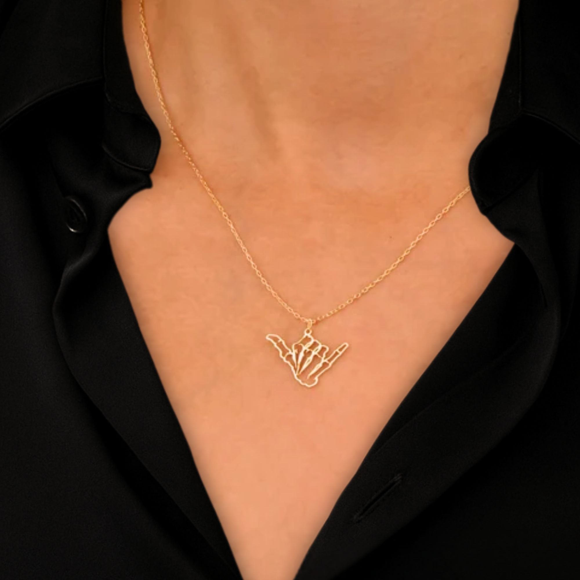 14K Gold Skeleton Necklace Hand Signs Halloween Jewelry
