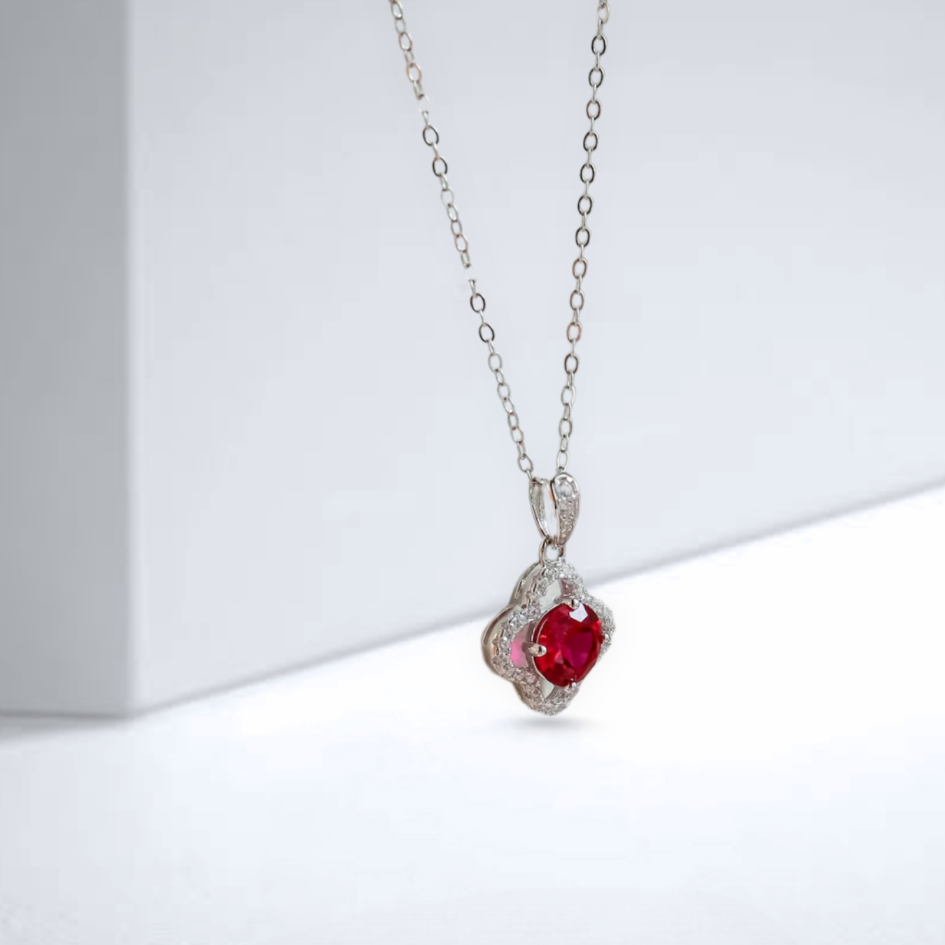 14K Genuine Ruby Clover Silver Necklace Ruby Red Stone Jewelry