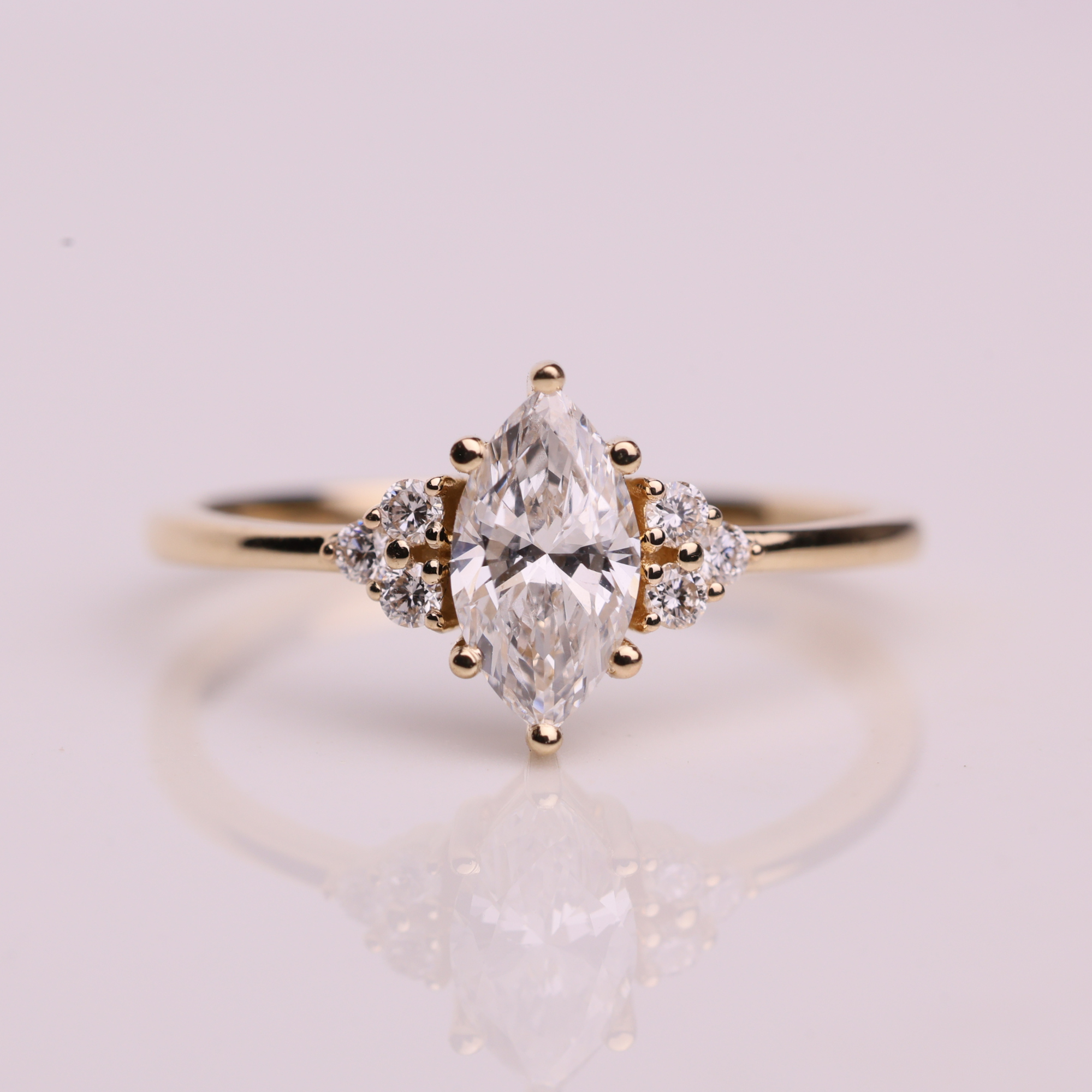 14K Marquise & Round Cut Lab Grown Diamond Solid Gold Engagement Ring