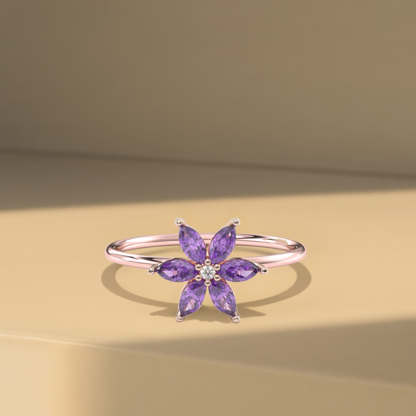 14K Gold Amethyst Flower Minimalist Ring | February Birthstone Ring