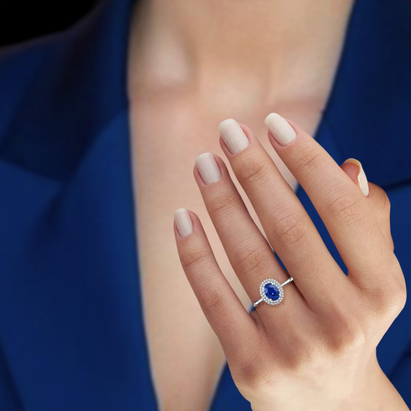 14K Blue Sapphire With Lab Grown Diamond Double Halo Ring