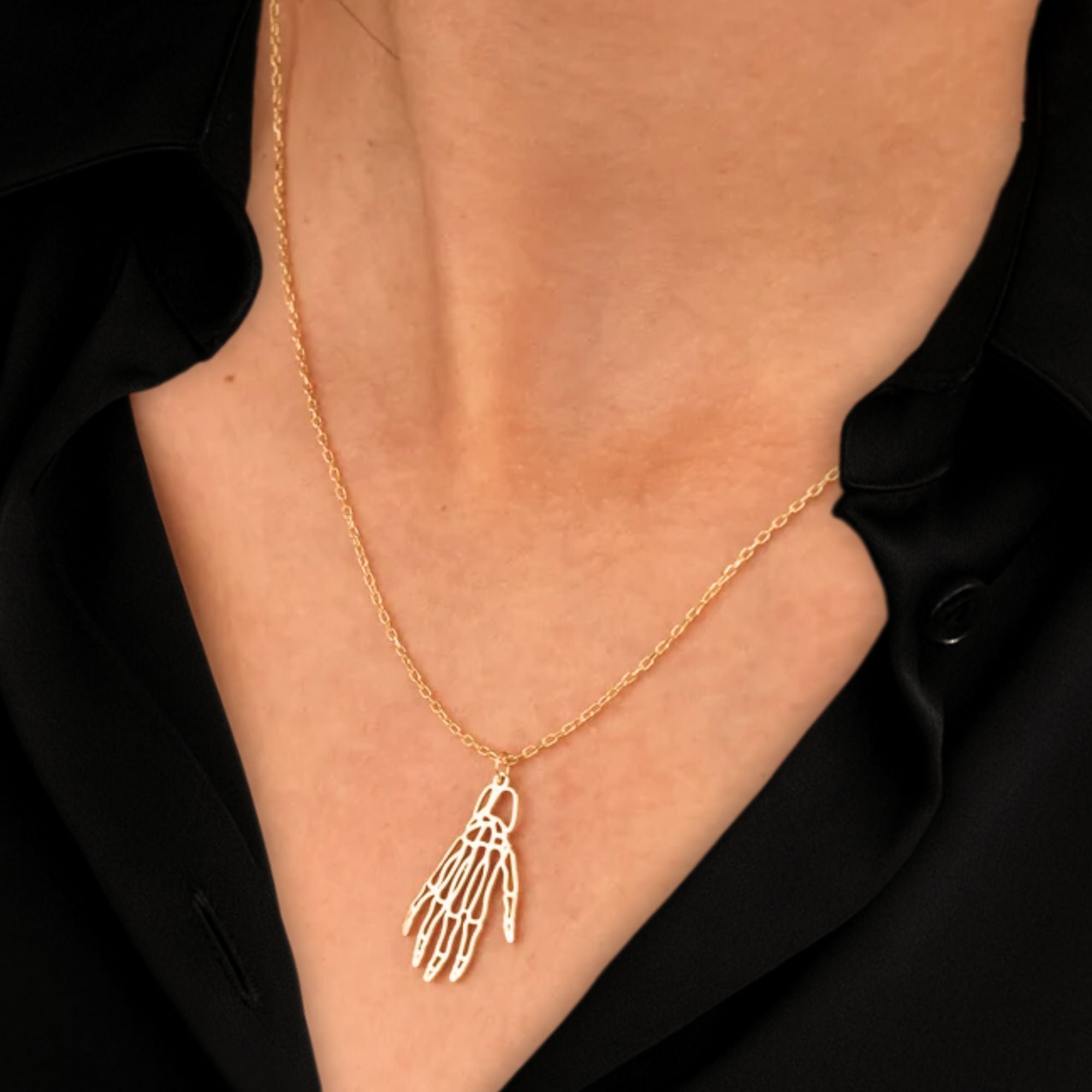 14K Gold Skeleton Necklace Hand Signs Halloween Jewelry