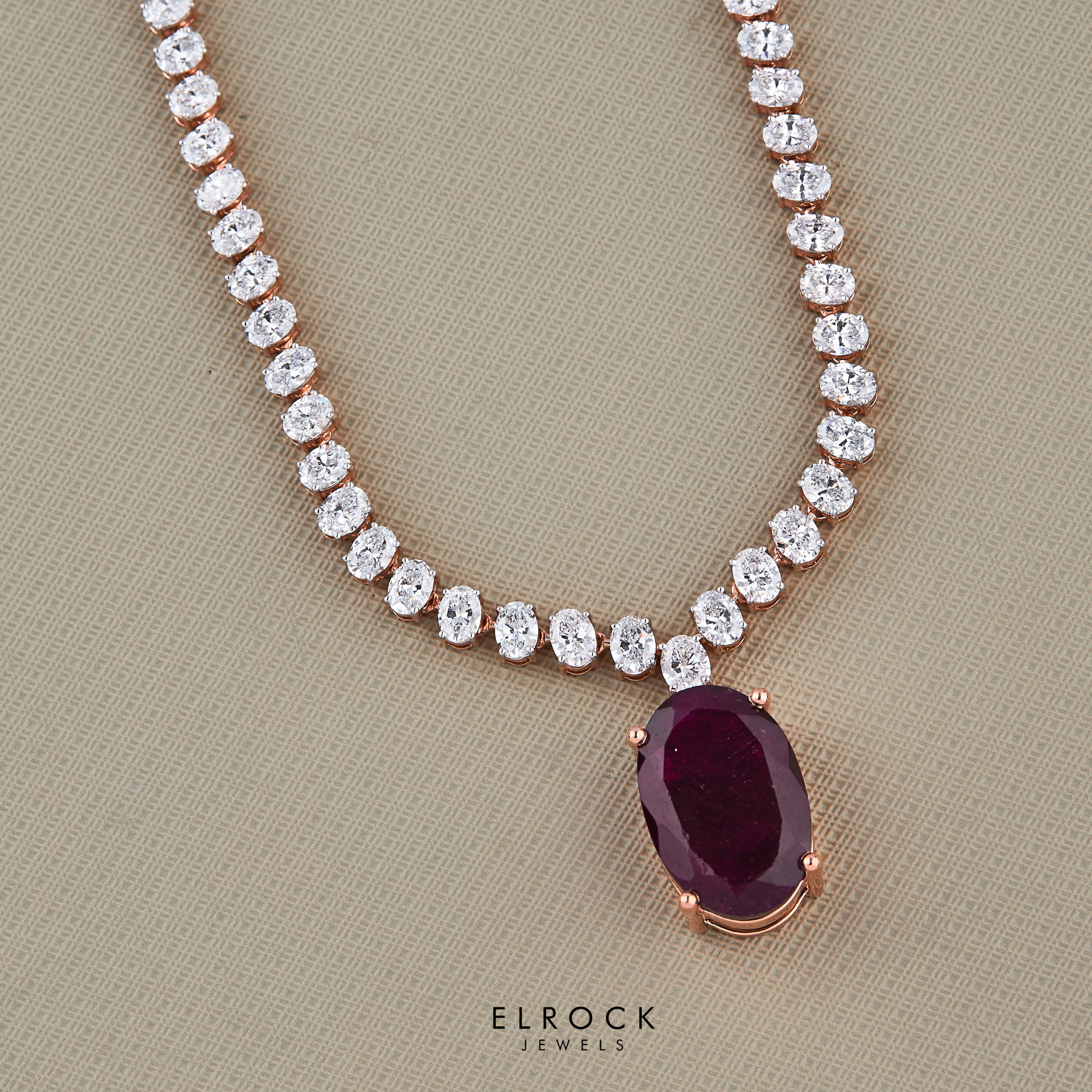 Oval Cut Red Ruby Gemstone Tennis Necklace Lab Grown Diamond Necklace