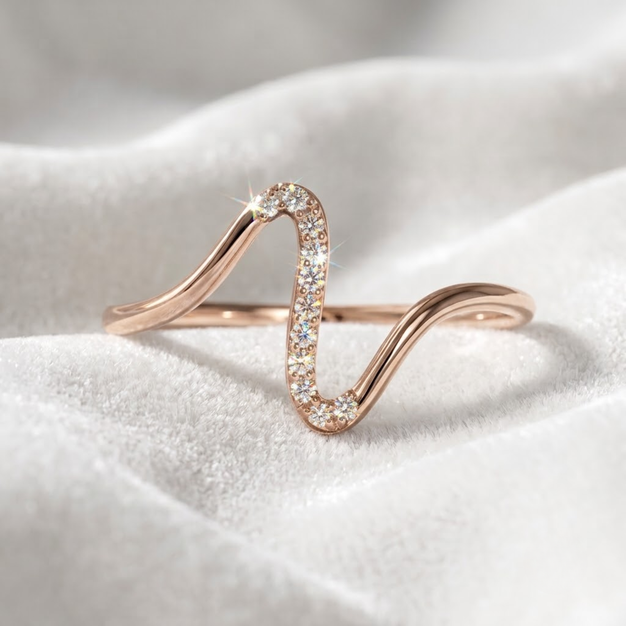14K Gold Lab Grown Diamond Wave Curved Stacking Band