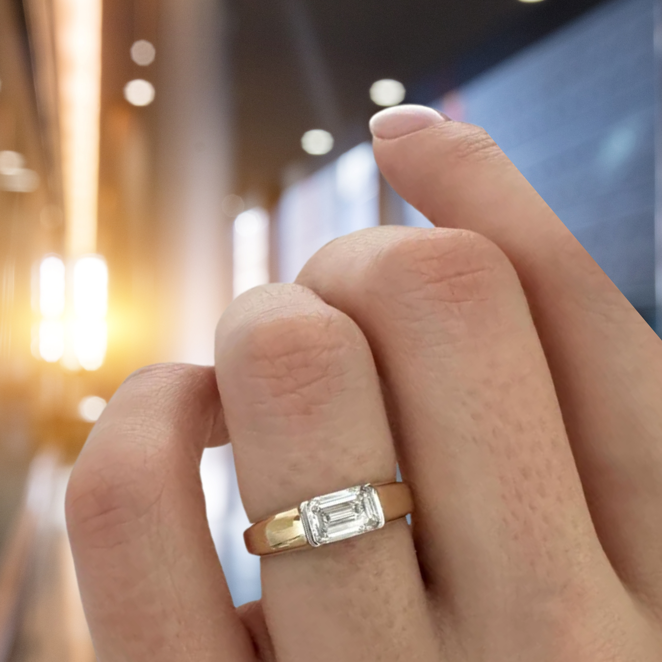 14K 1 Carat Emerald Cut Lab Grown Diamond Half Bezel Engagement Ring