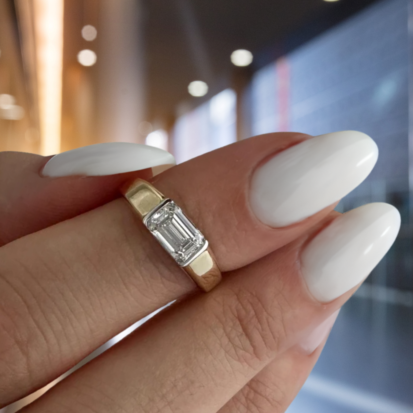 14K 1 Carat Emerald Cut Lab Grown Diamond Half Bezel Engagement Ring