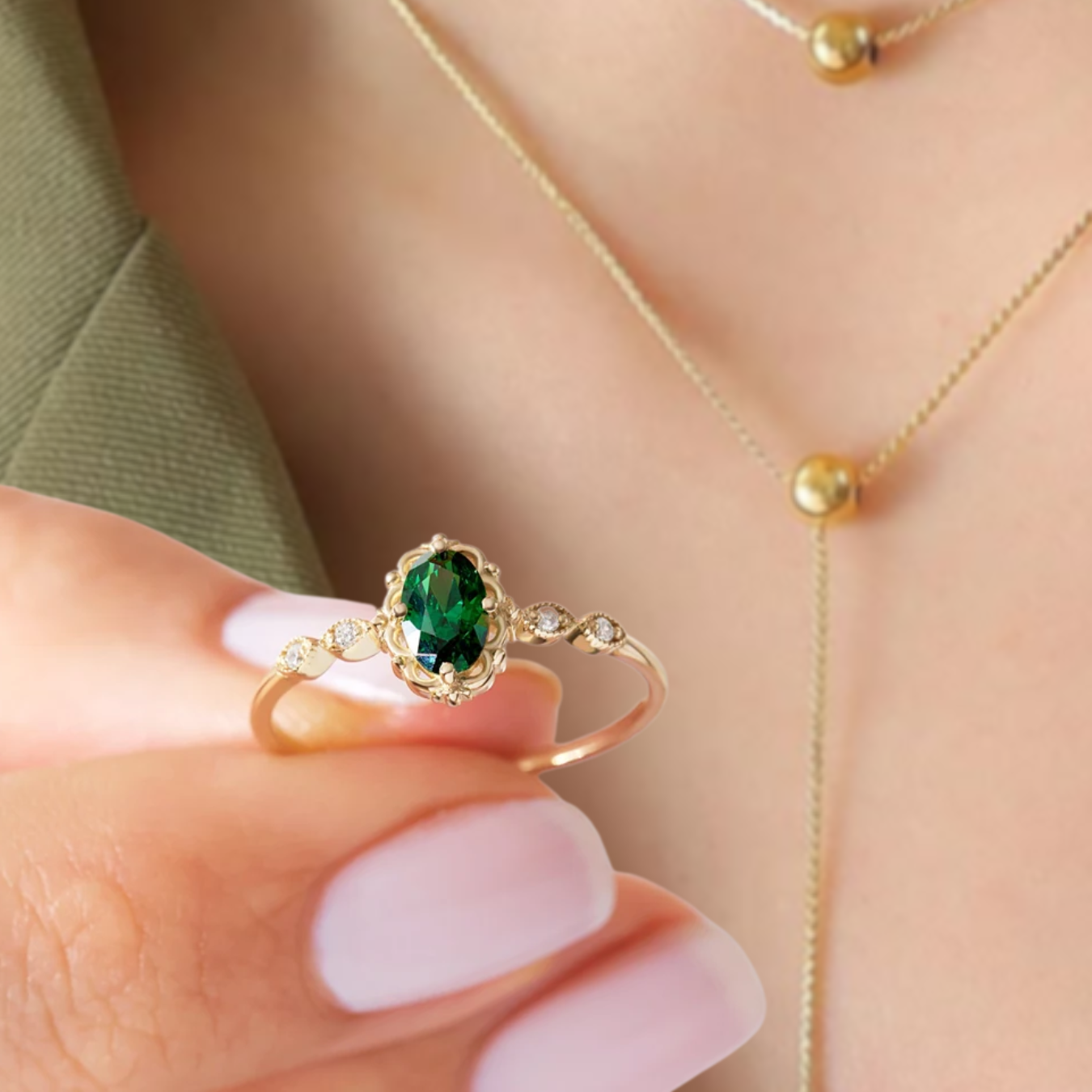 14K Solid Gold Halo Birthstone Jewelry Engagement Band 1.00 CT Emerald Ring