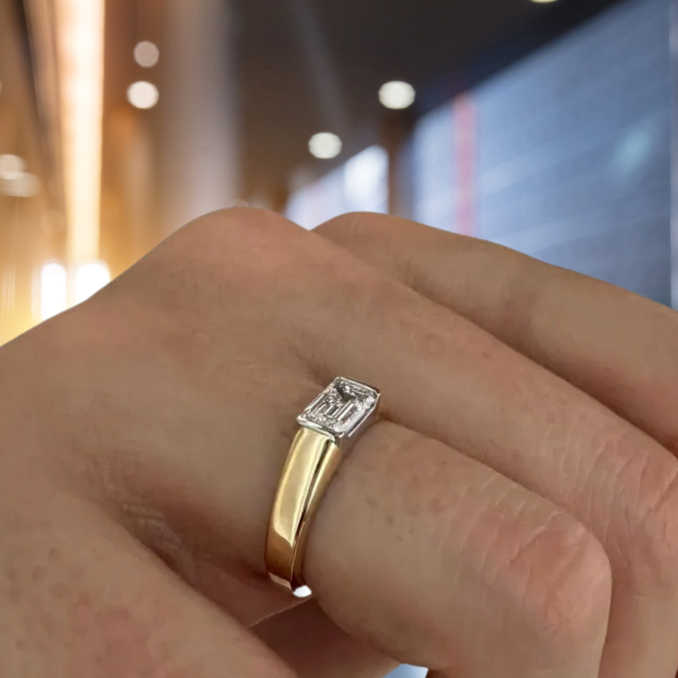 14K 1 Carat Emerald Cut Lab Grown Diamond Half Bezel Engagement Ring