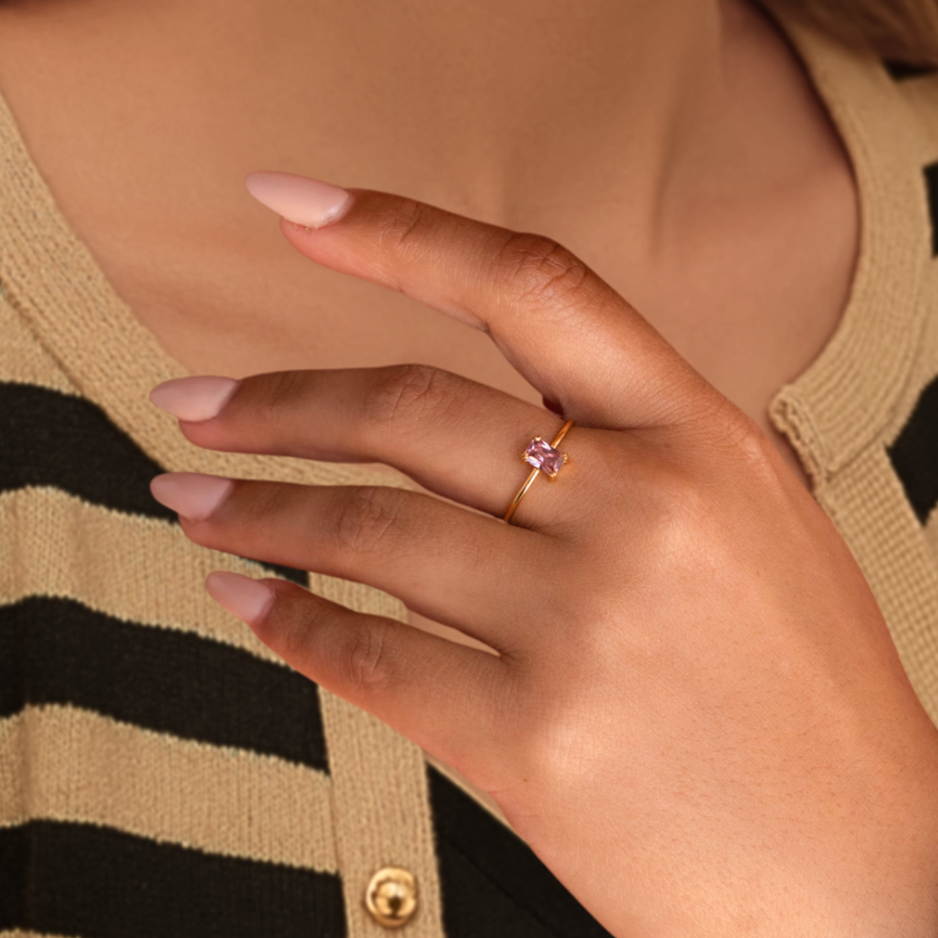 14K Solid Gold Pink Emerald Cut Diamond Solitaire Ring | Vintage Style Birthstone Ring