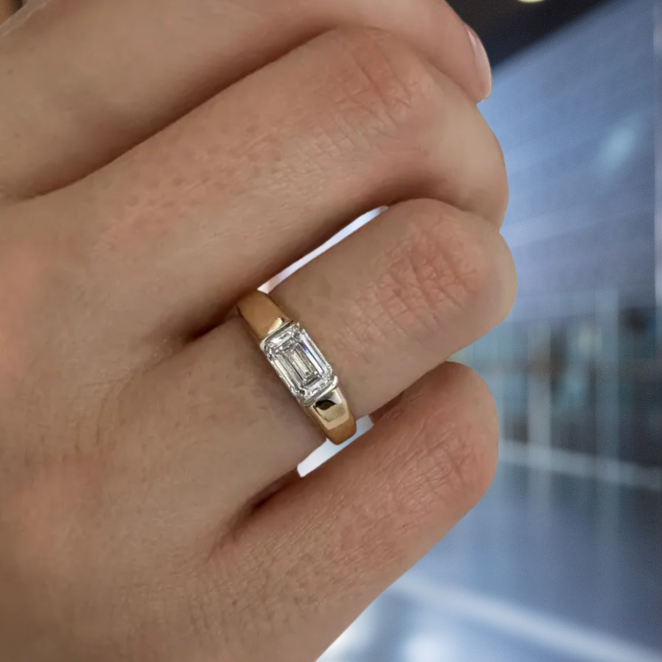 14K 1 Carat Emerald Cut Lab Grown Diamond Half Bezel Engagement Ring