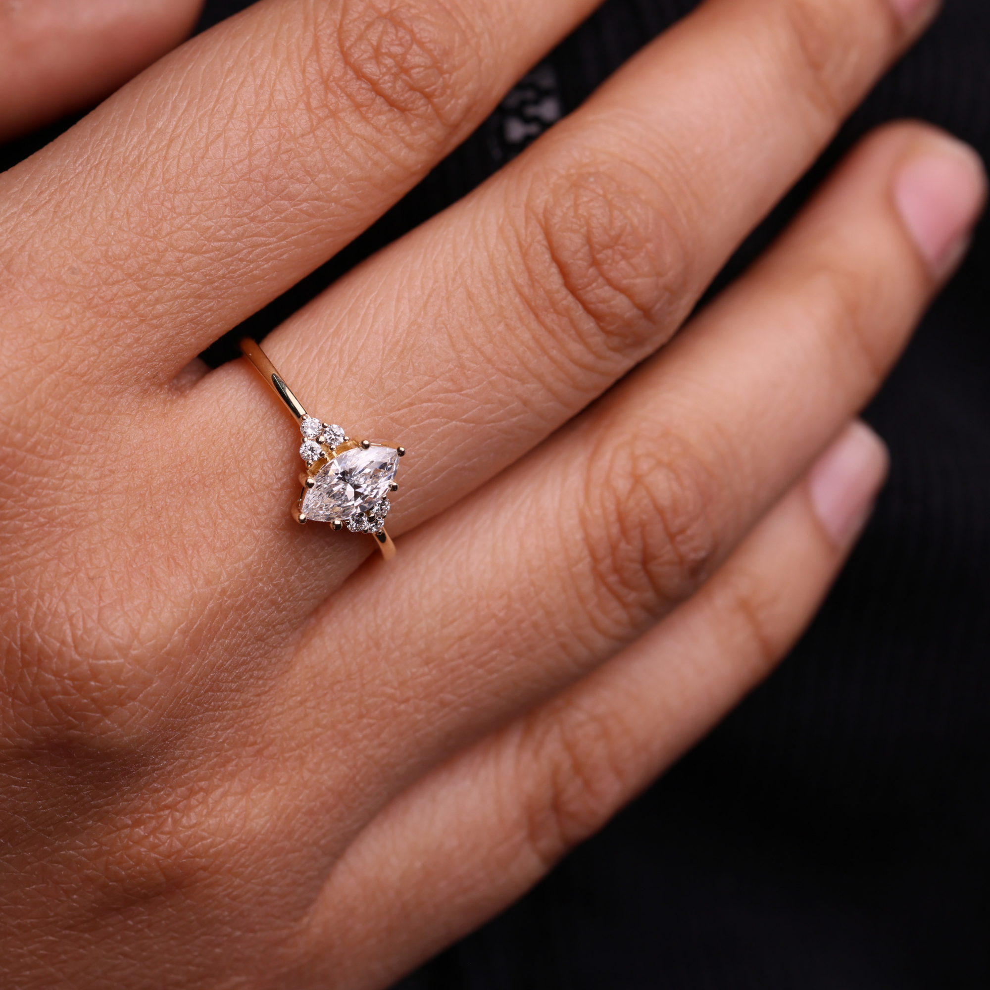 14K Marquise & Round Cut Lab Grown Diamond Solid Gold Engagement Ring