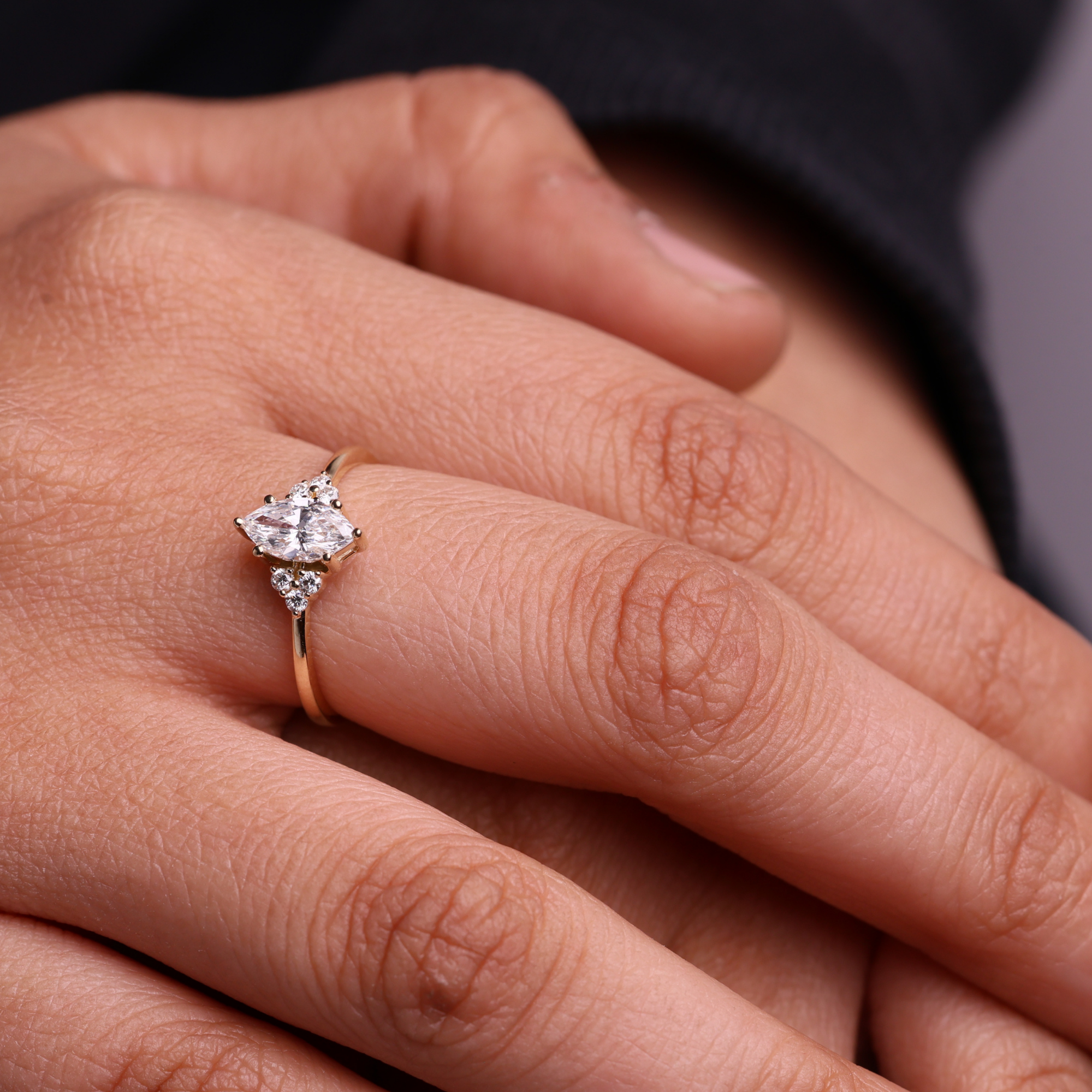 14K Marquise & Round Cut Lab Grown Diamond Solid Gold Engagement Ring