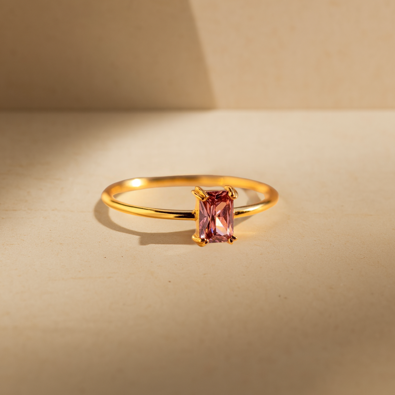 14K Solid Gold Pink Emerald Cut Diamond Solitaire Ring | Vintage Style Birthstone Ring