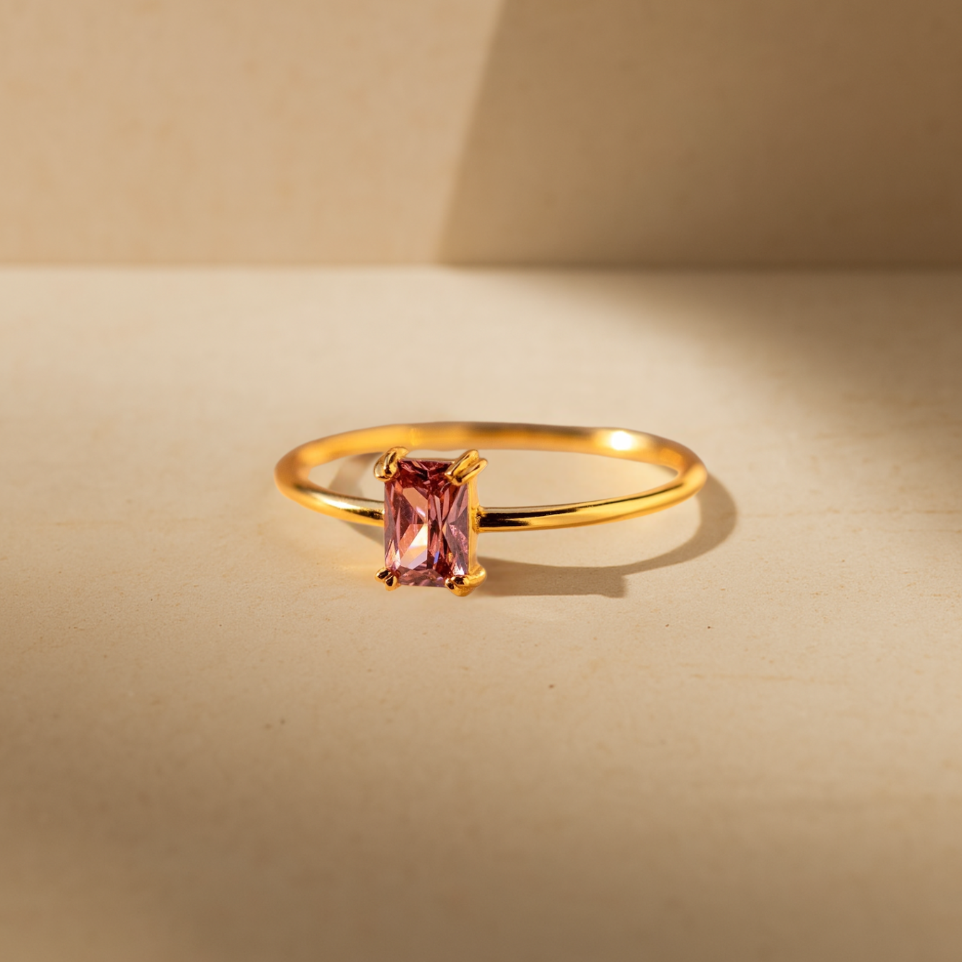 14K Solid Gold Pink Emerald Cut Diamond Solitaire Ring | Vintage Style Birthstone Ring