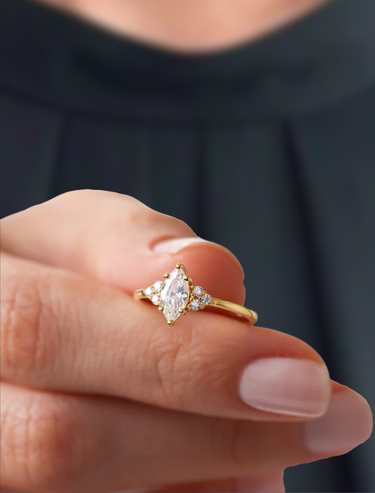 14K Marquise & Round Cut Lab Grown Diamond Solid Gold Engagement Ring
