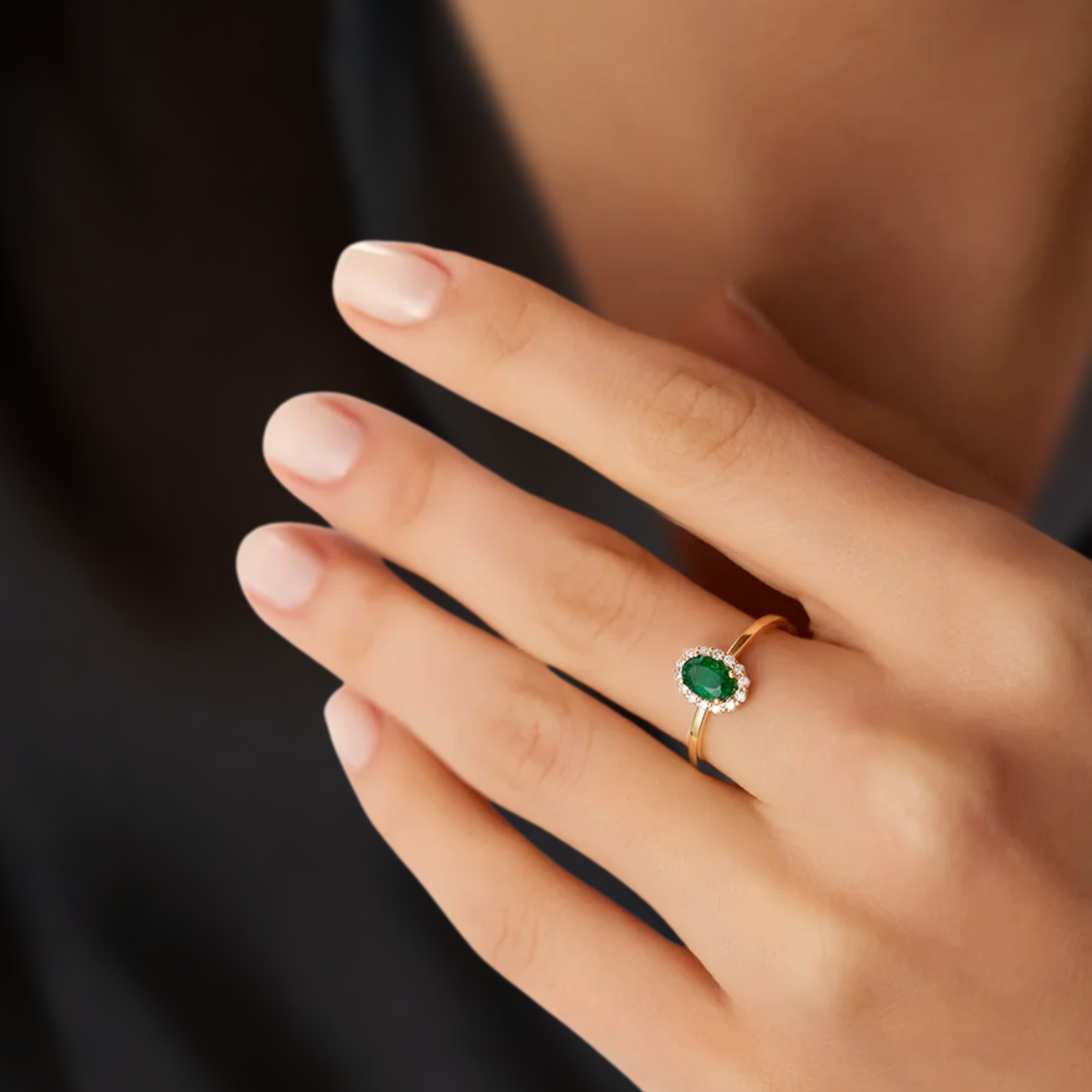 14K Classic Oval Cut Emerald Ring with Surrounding Lab Grown Diamond