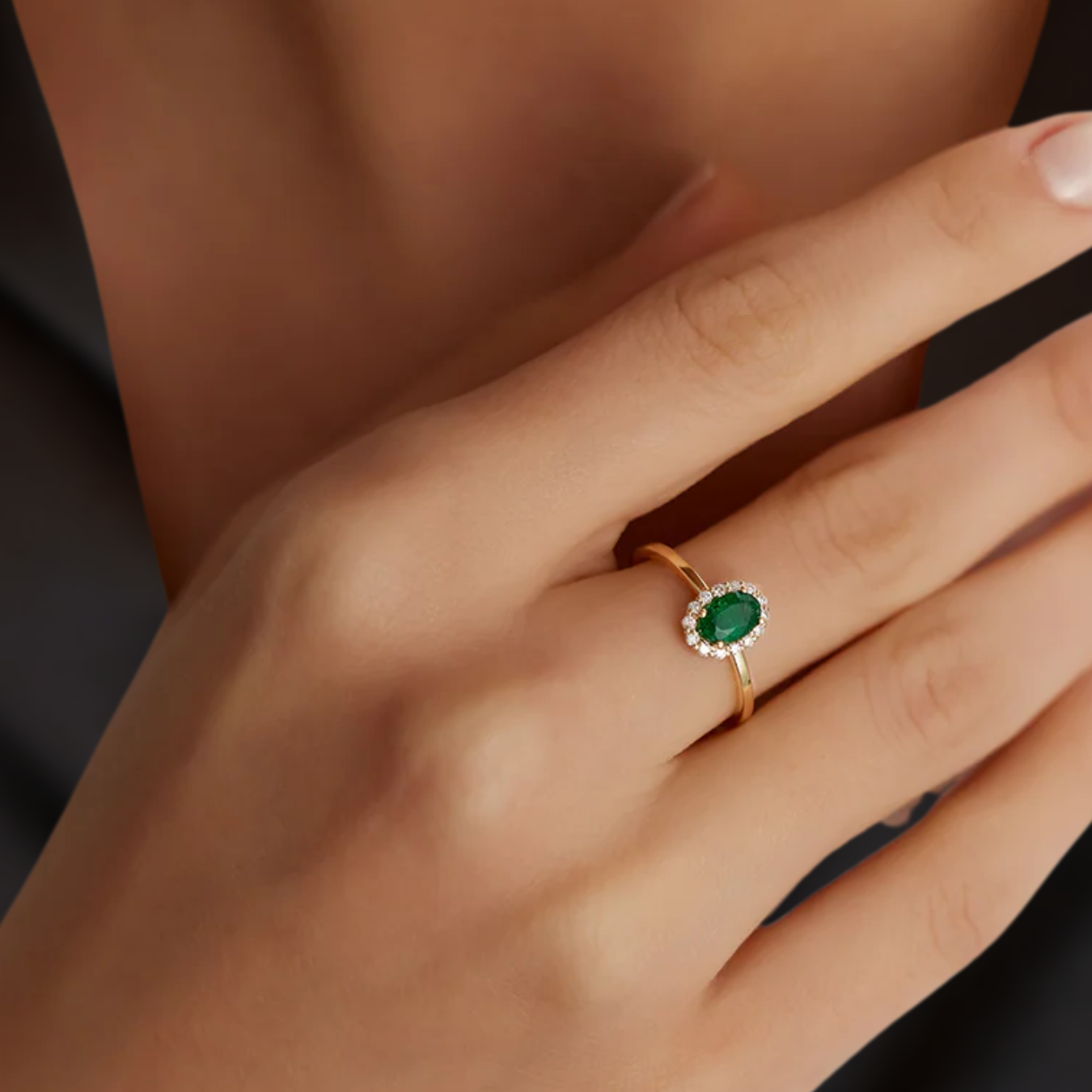 14K Classic Oval Cut Emerald Ring with Surrounding Lab Grown Diamond