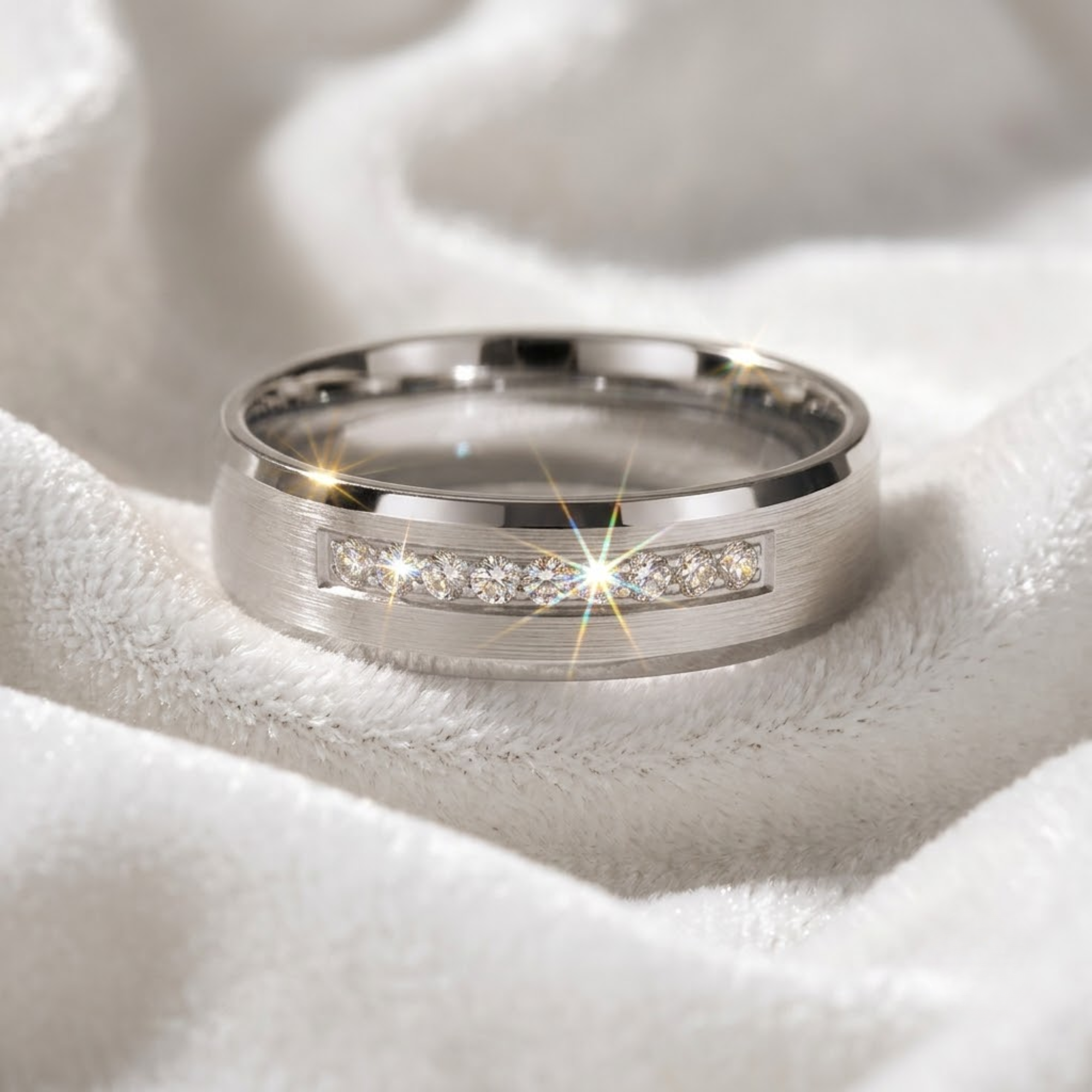 6mm Solid Gold Men's Nine Stone Diamond Band with Beveled Edges