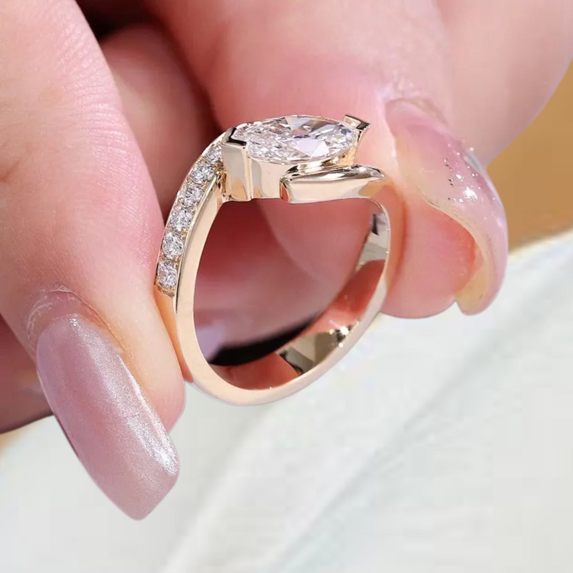 14K Marquise Cut Engagement Ring, Gold East West Marquise Shaped Lab Grown Diamond