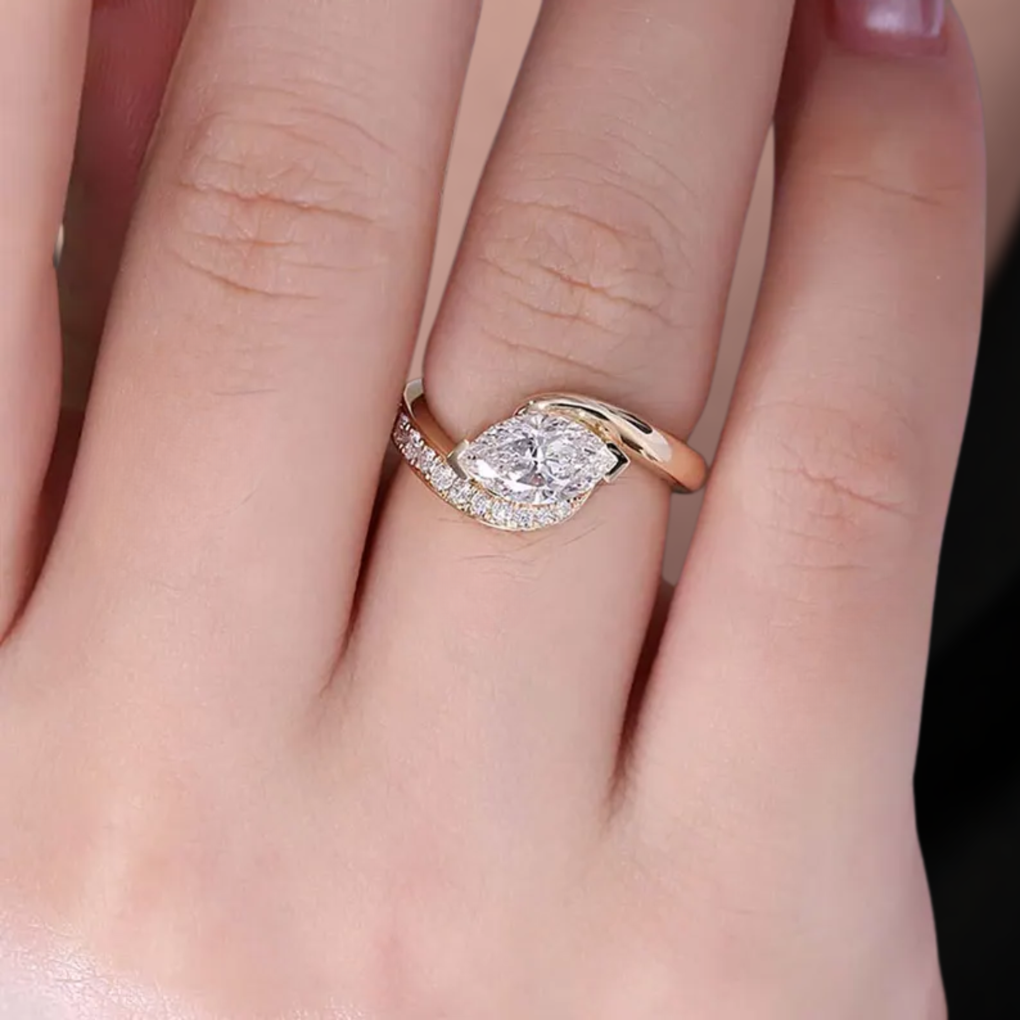 14K Marquise Cut Engagement Ring, Gold East West Marquise Shaped Lab Grown Diamond