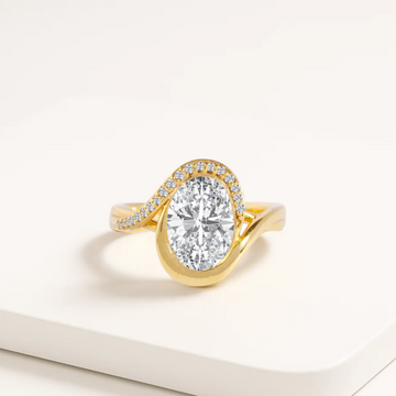 14K Oval Unique Engagement Ring | 2 Carat Oval Lab Grown Diamond Curved Oval Wave Halo Ring