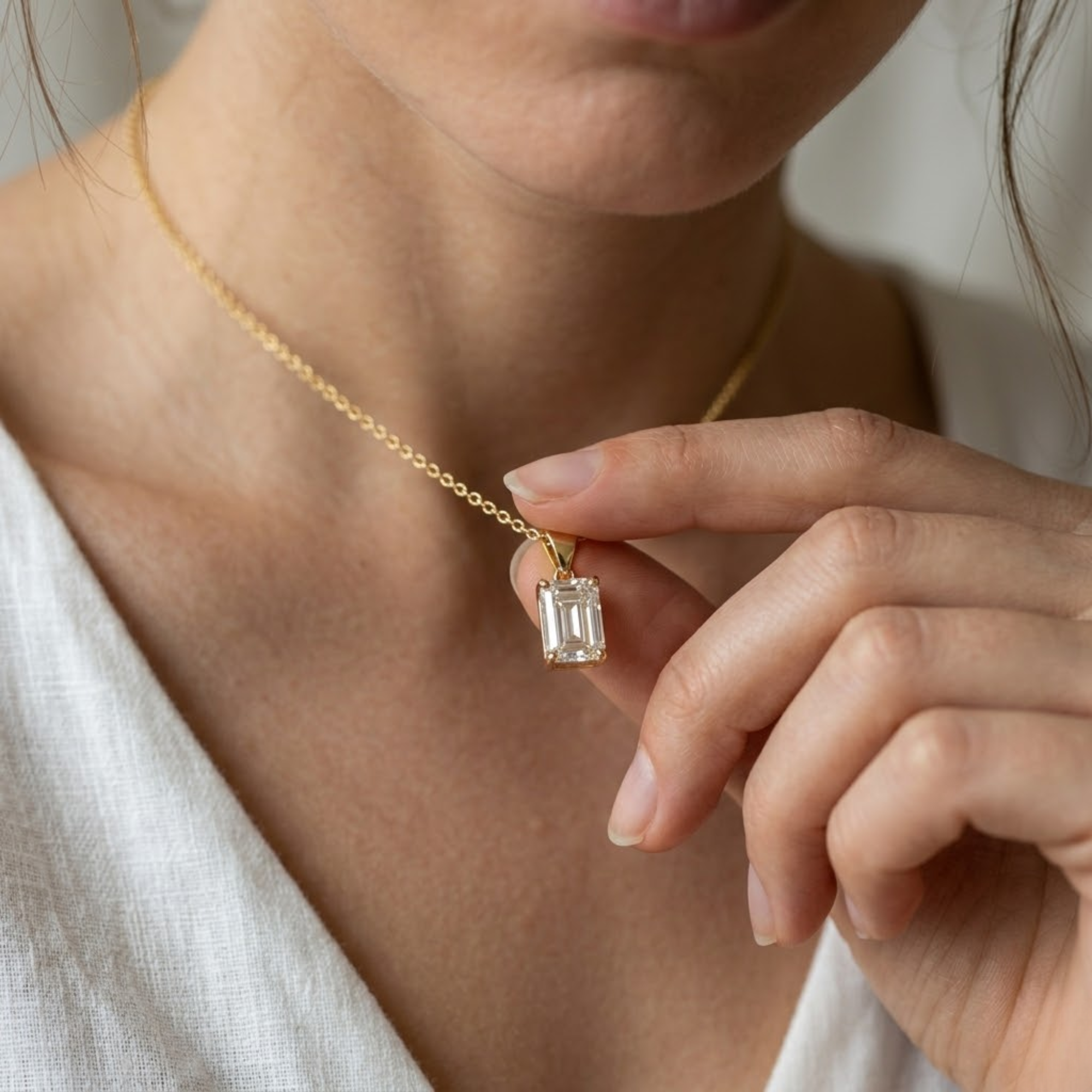 14K Emerald Shape Lab Diamond Pendant in Gold & Silver For Her