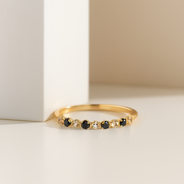 14K Unique Gift Black and White Diamond Half Eternity Ring Dainty 14K Solid Gold Stacking Ring Gift For Her