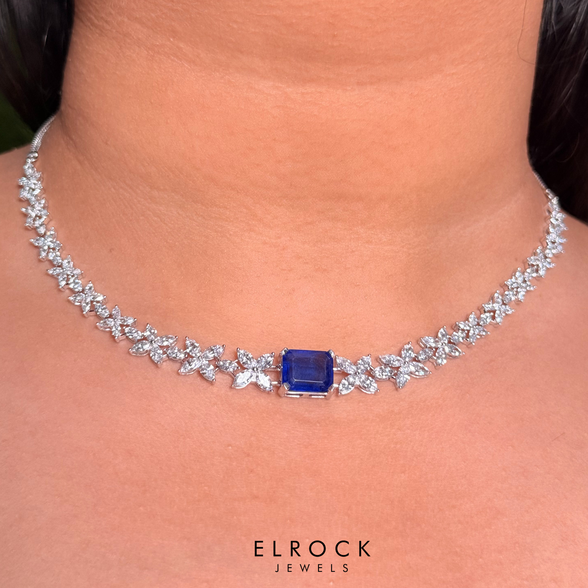 Emerald-Cut Blue Sapphire Lab Grown Diamond Tennis Necklace