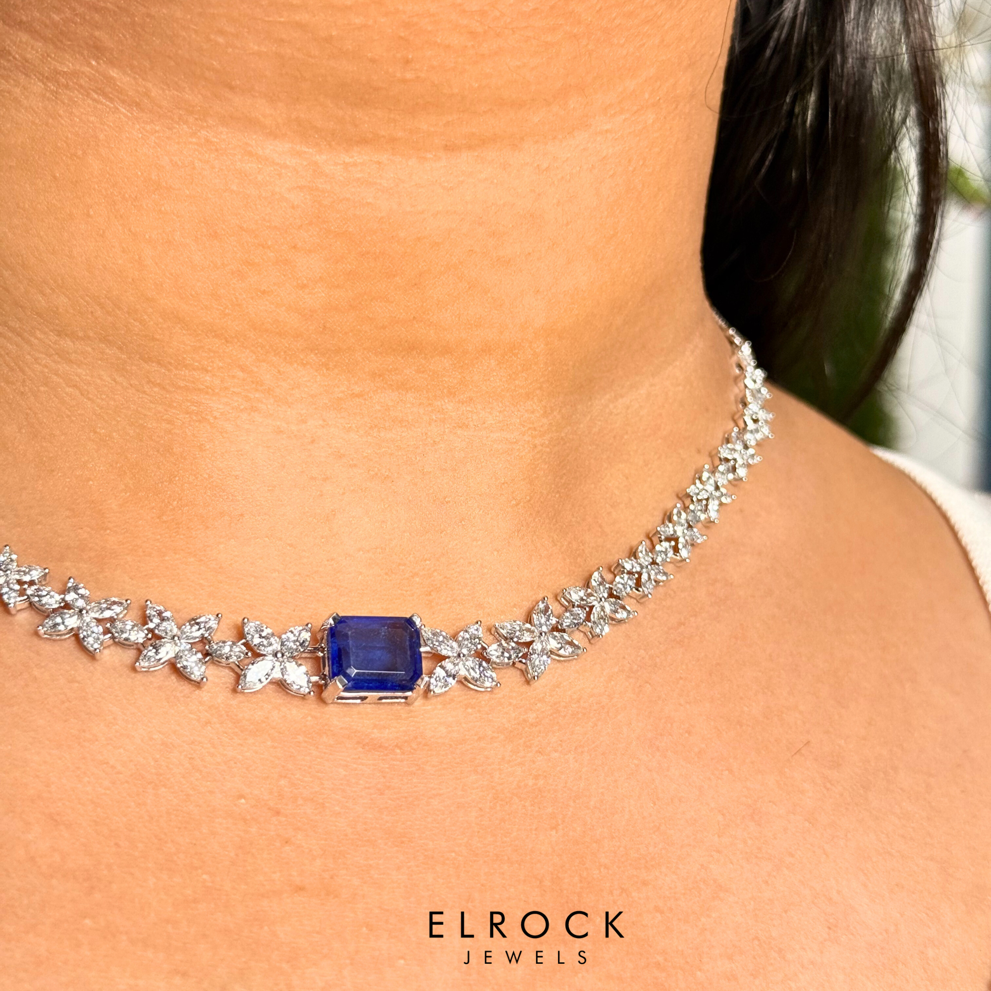 Emerald-Cut Blue Sapphire Lab Grown Diamond Tennis Necklace