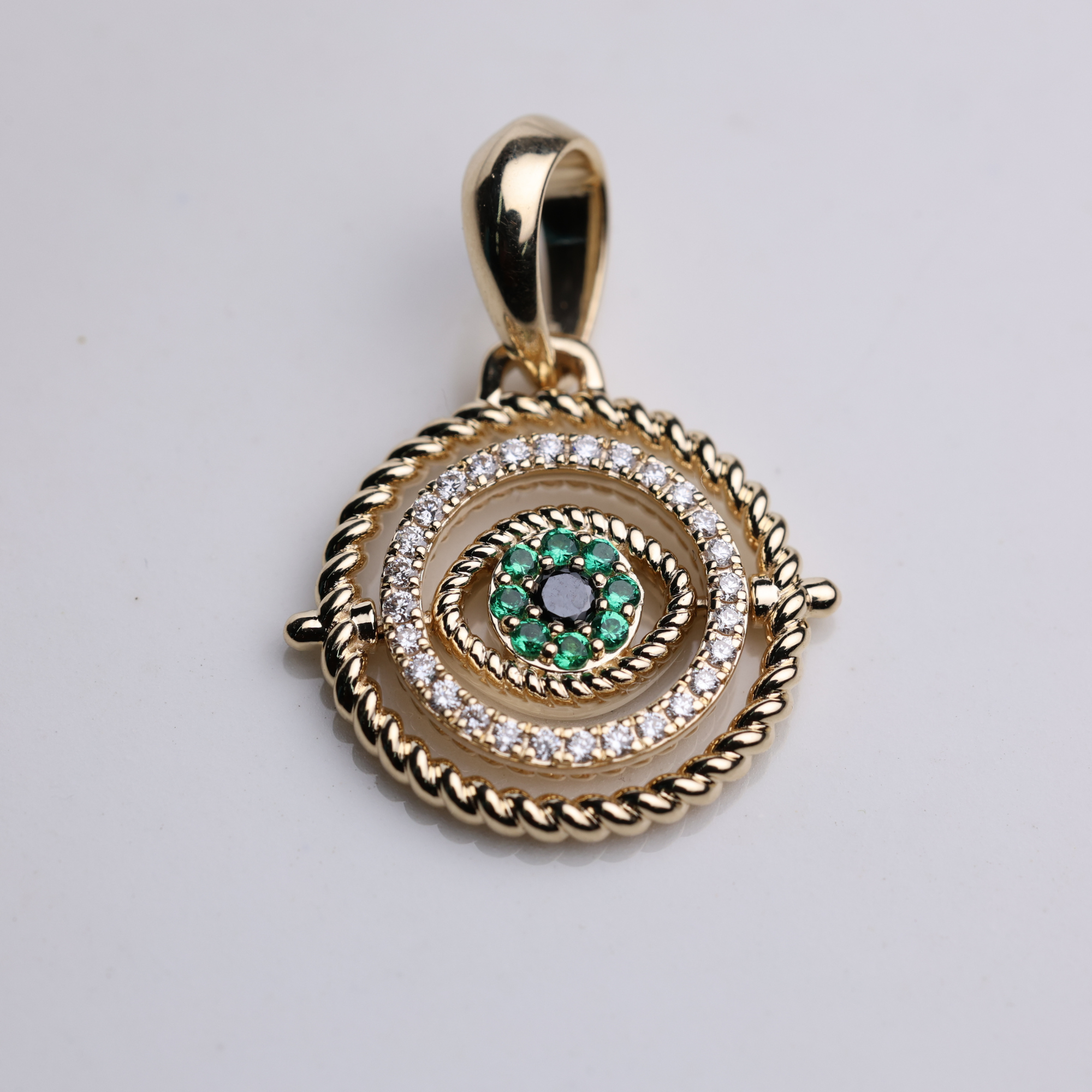 14K Solid Gold Sapphire and Diamond Set Evil Eye Charm Pendant