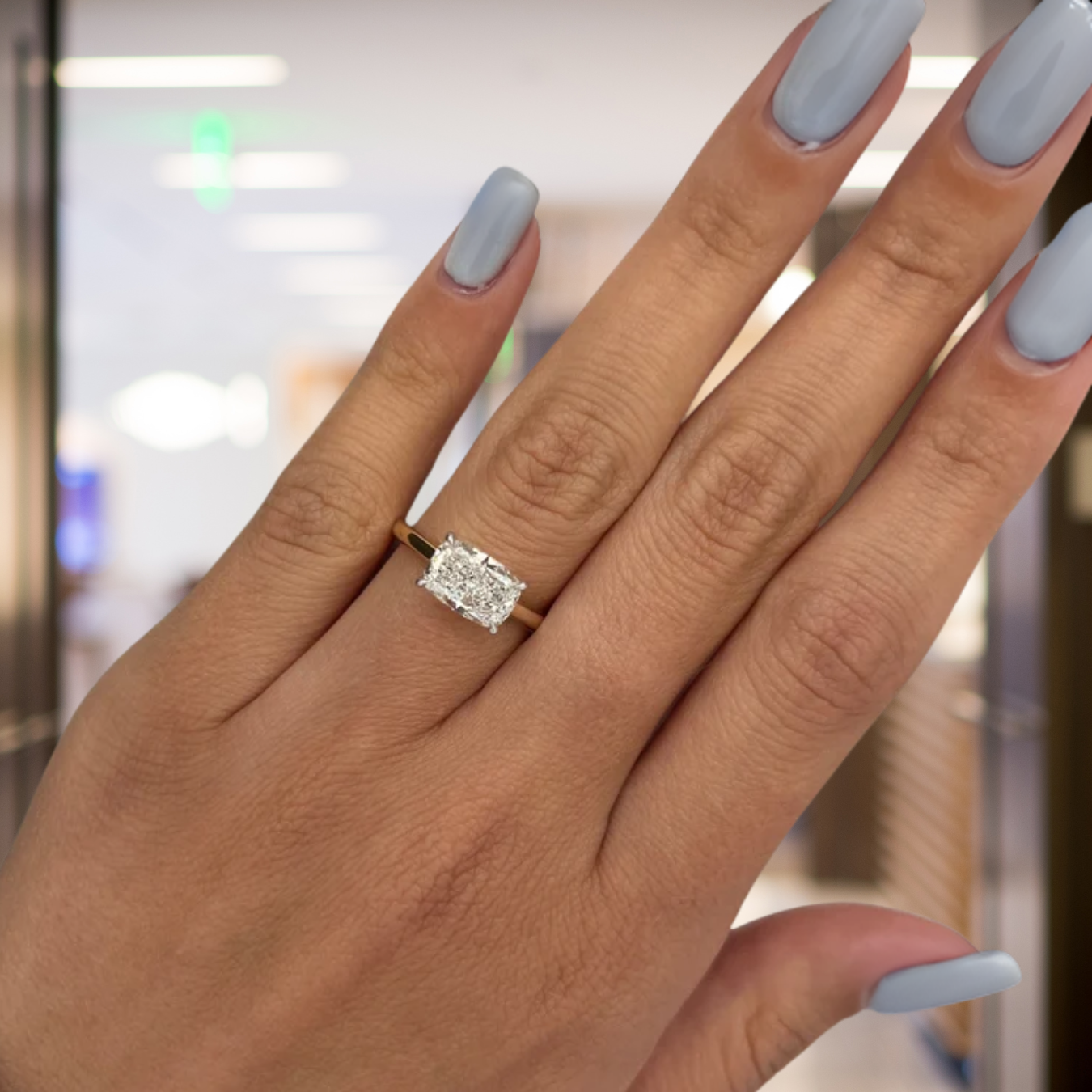 14K Gold 2 CT Elongated Cushion East West Engagement Ring