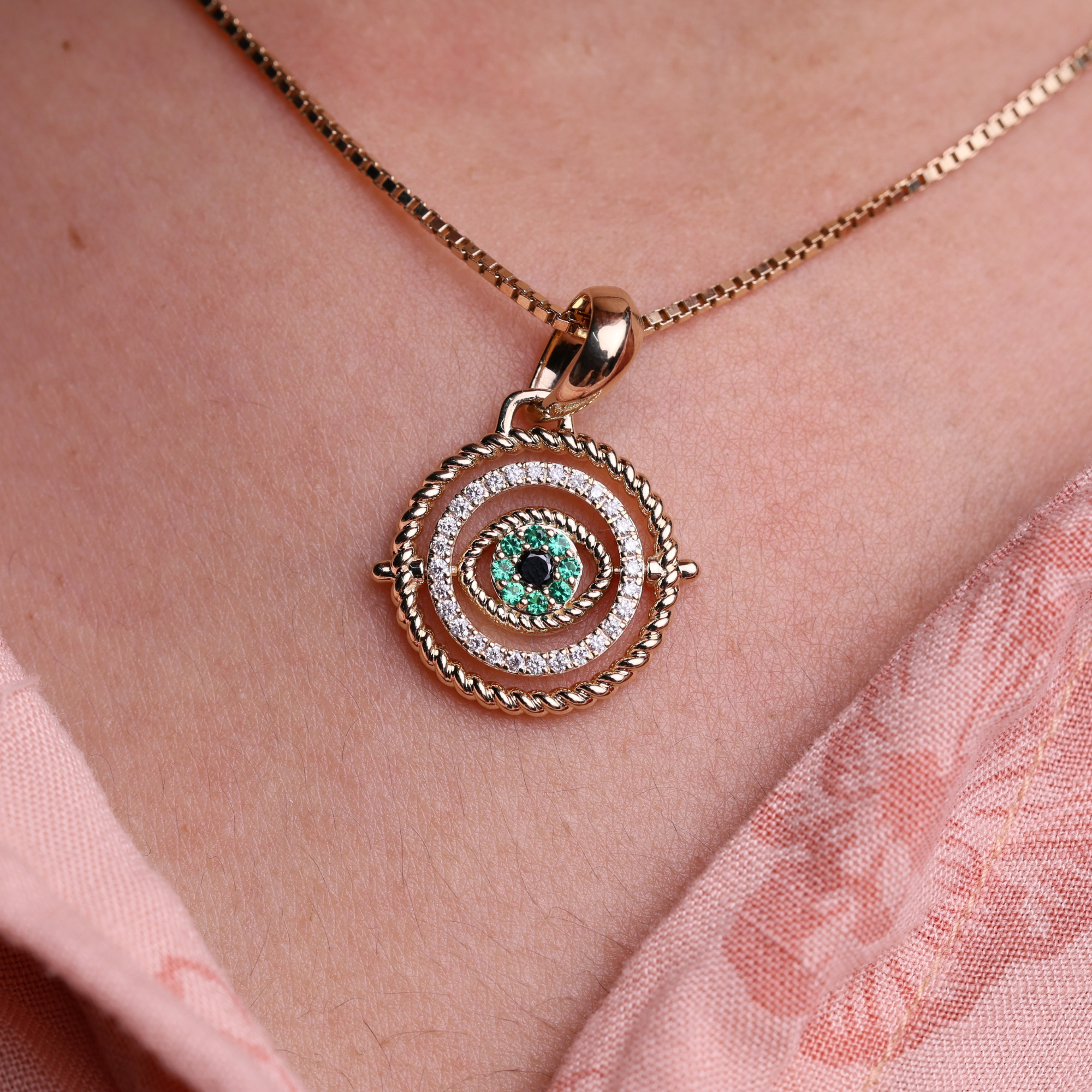 14K Solid Gold Sapphire and Diamond Set Evil Eye Charm Pendant