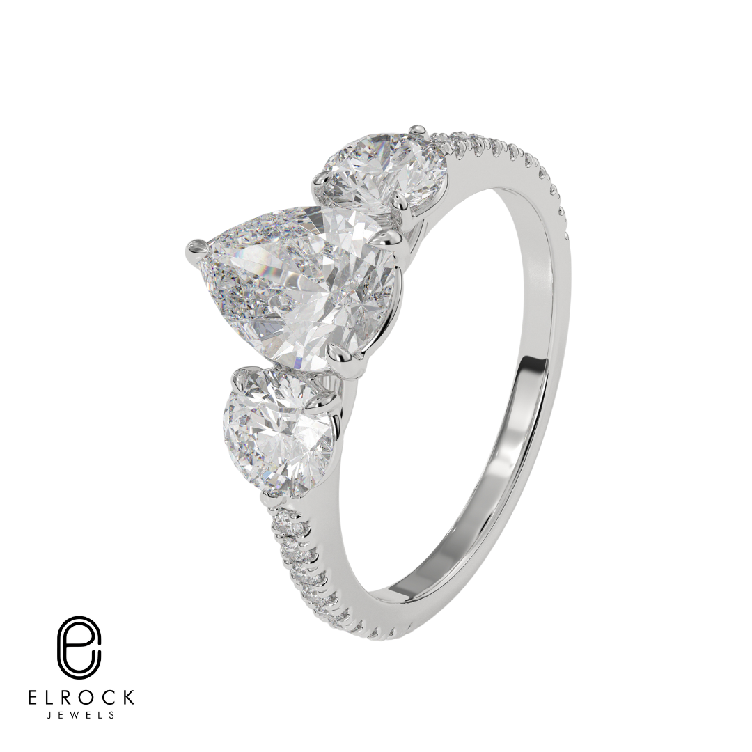 14K Gold Pear Shaped Three Stone Solitaire Engagement Ring